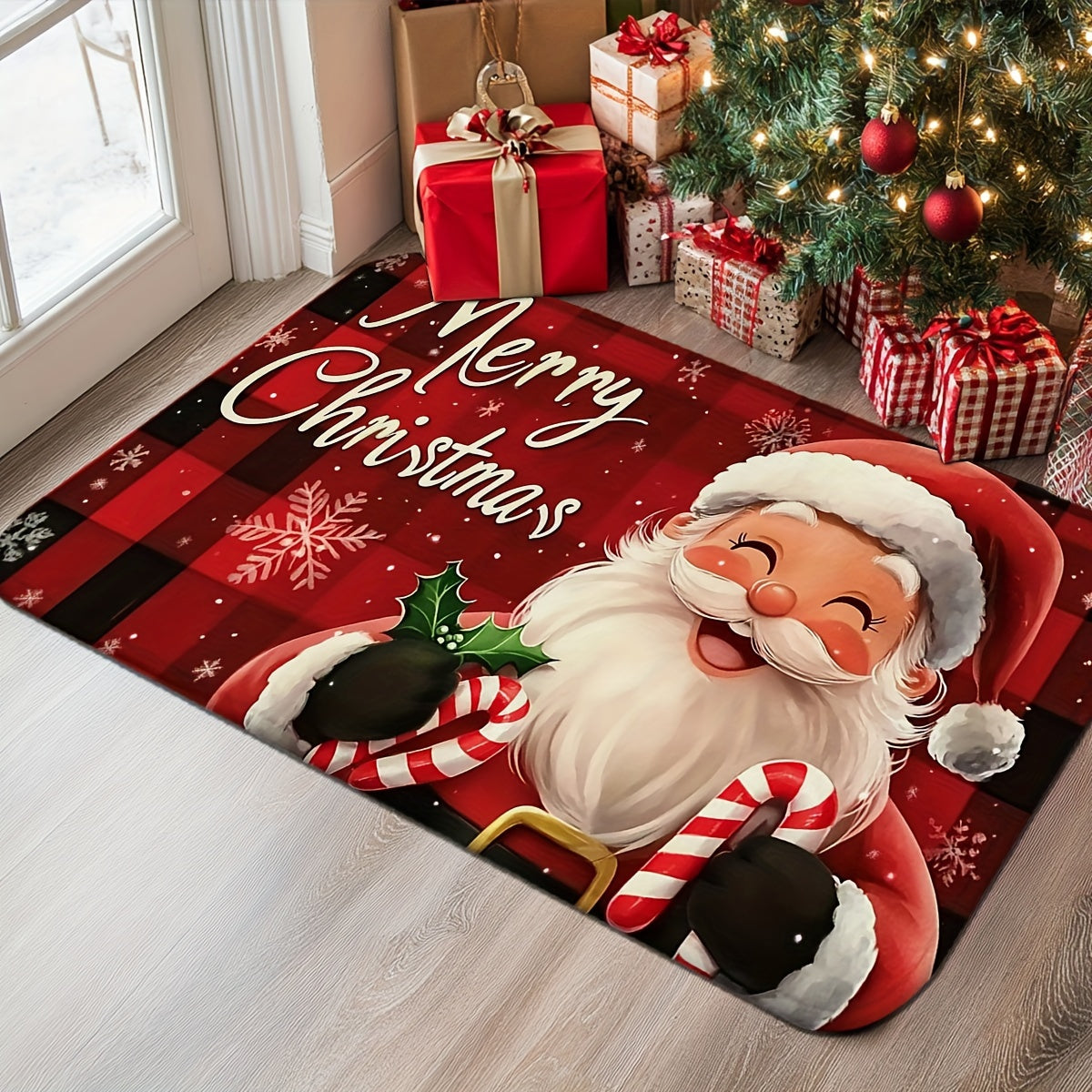 Red Santa Claus Doormat Non-Slip Machine Washable Christmas Decor for Living Room Kitchen
