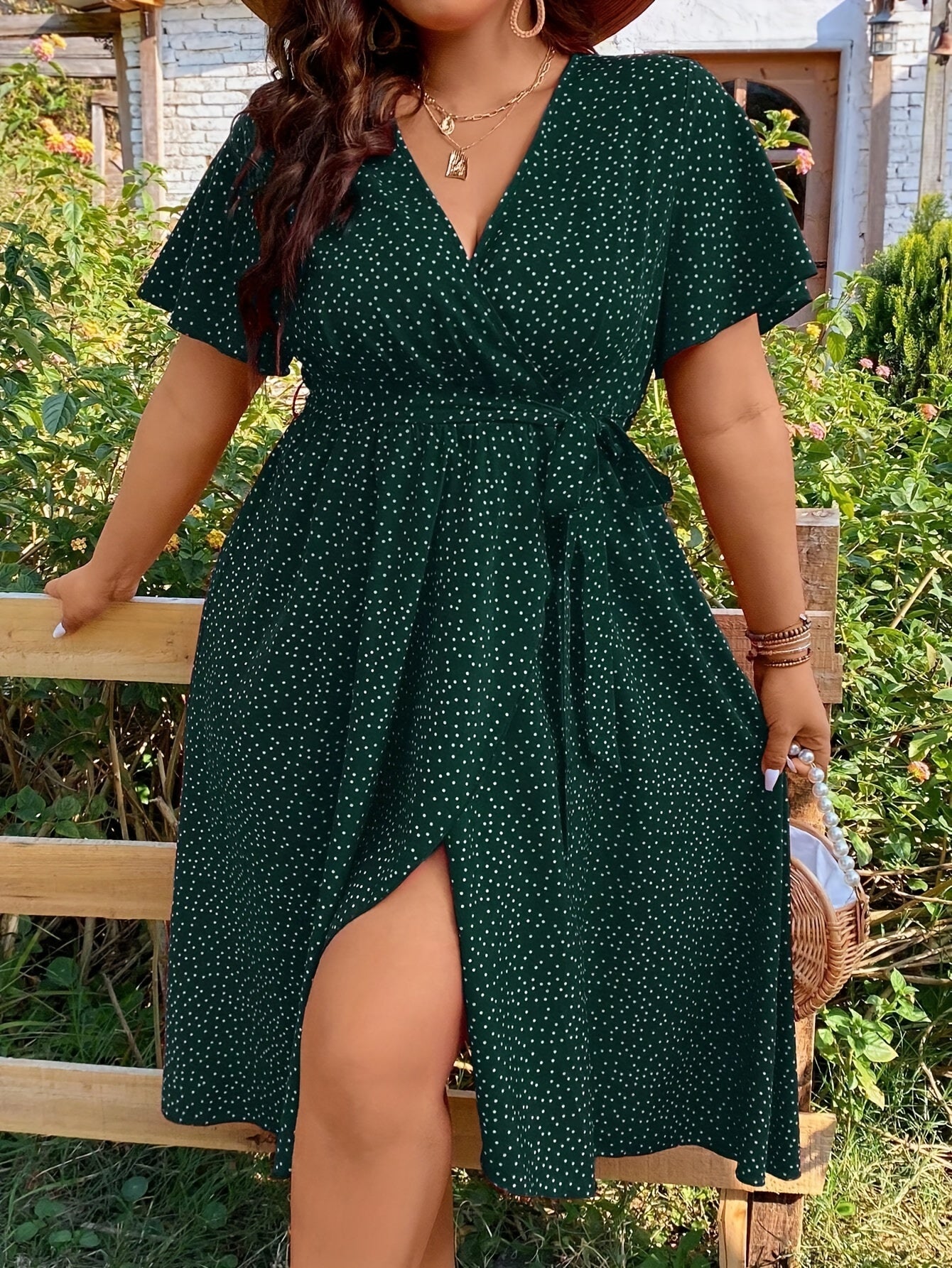 Plus Size Pin Dot Print Belted Dress for Spring Summer Women’s Vacation Style