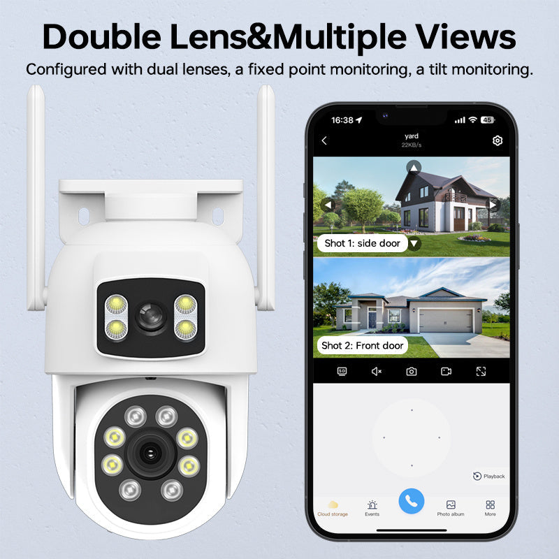 Dual Lens WiFi Security Camera 360° View Night Vision Motion Detection Two-Way Audio