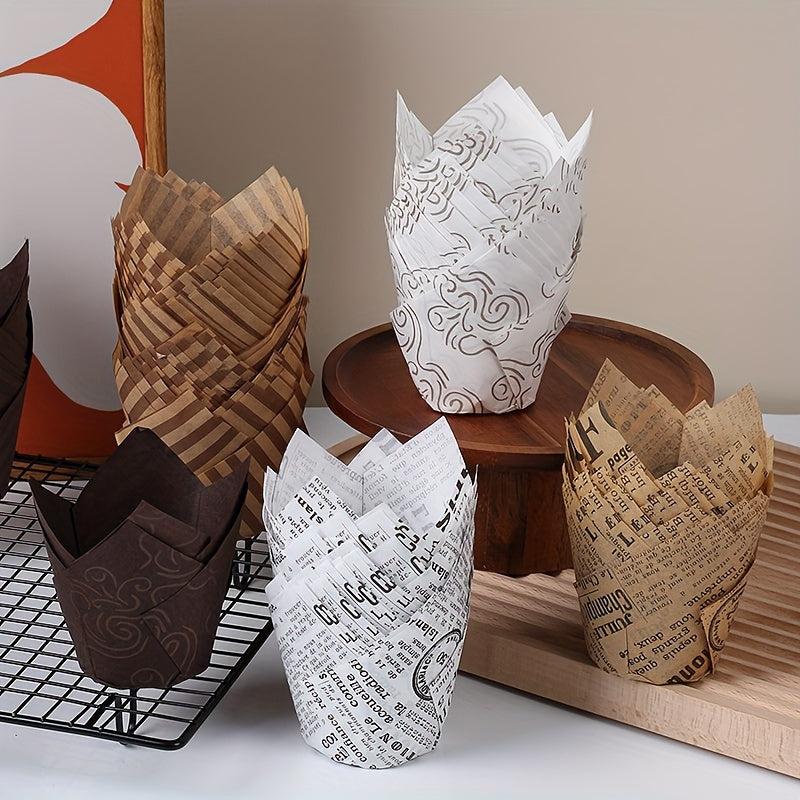 Set of 50 Disposable Tulip Muffin Cups with Cloud Stripes Newspaper Pattern, Greaseproof Paper Liners