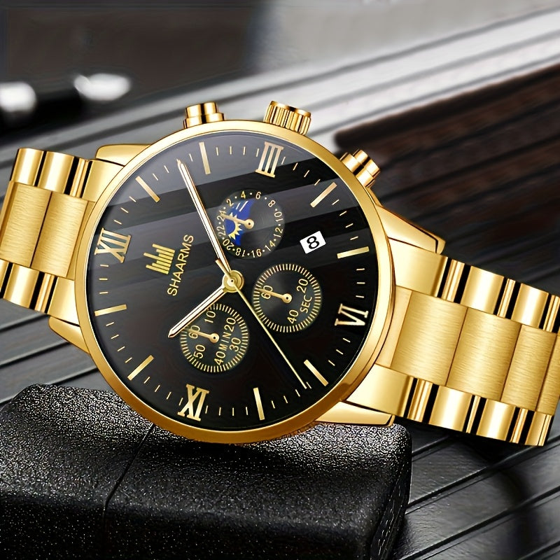Men's Stainless Steel Quartz Watches with Calendar, Casual and Sport Styles