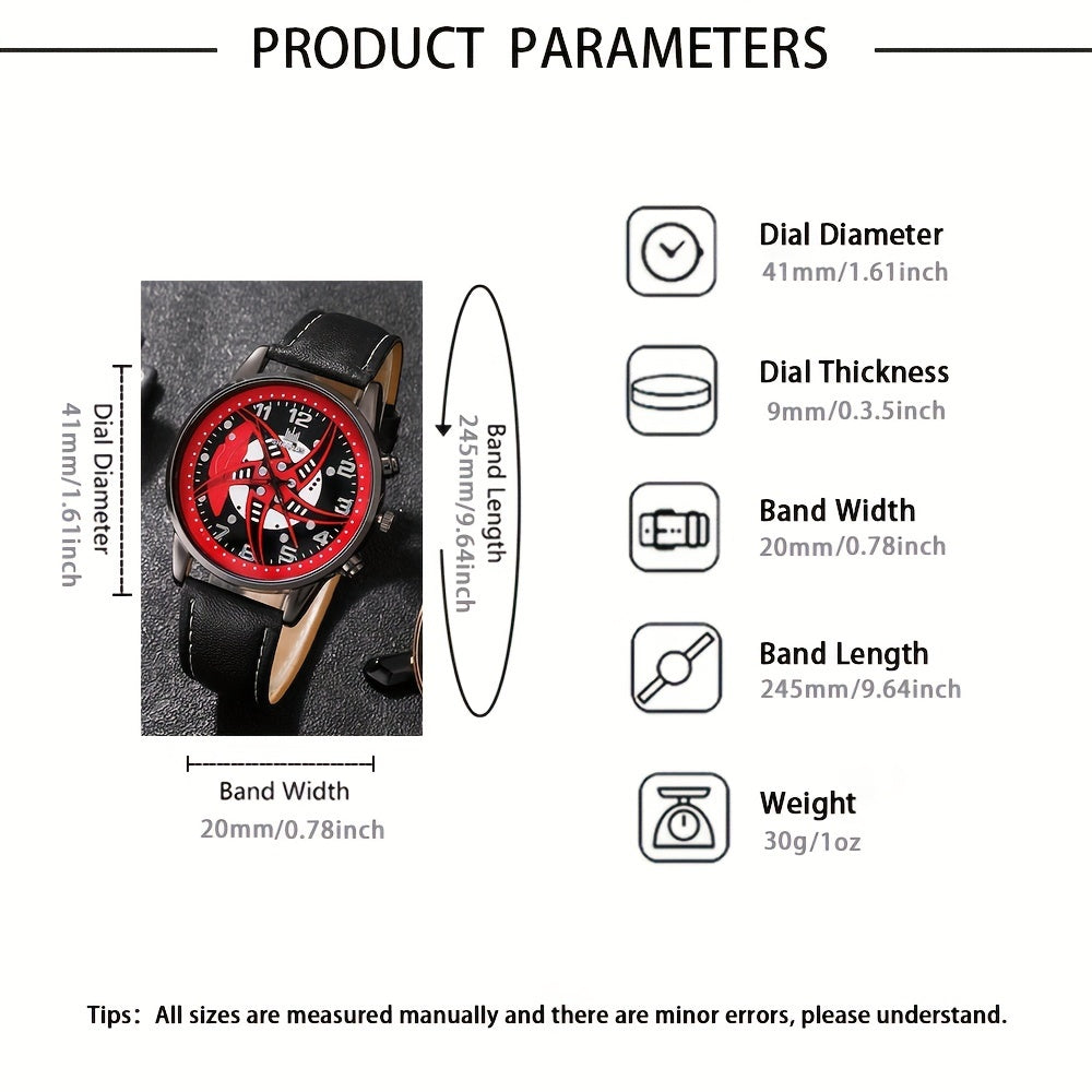 Men's Red Black Quartz Leather Watch and Bead Bracelet Set Gift for Him