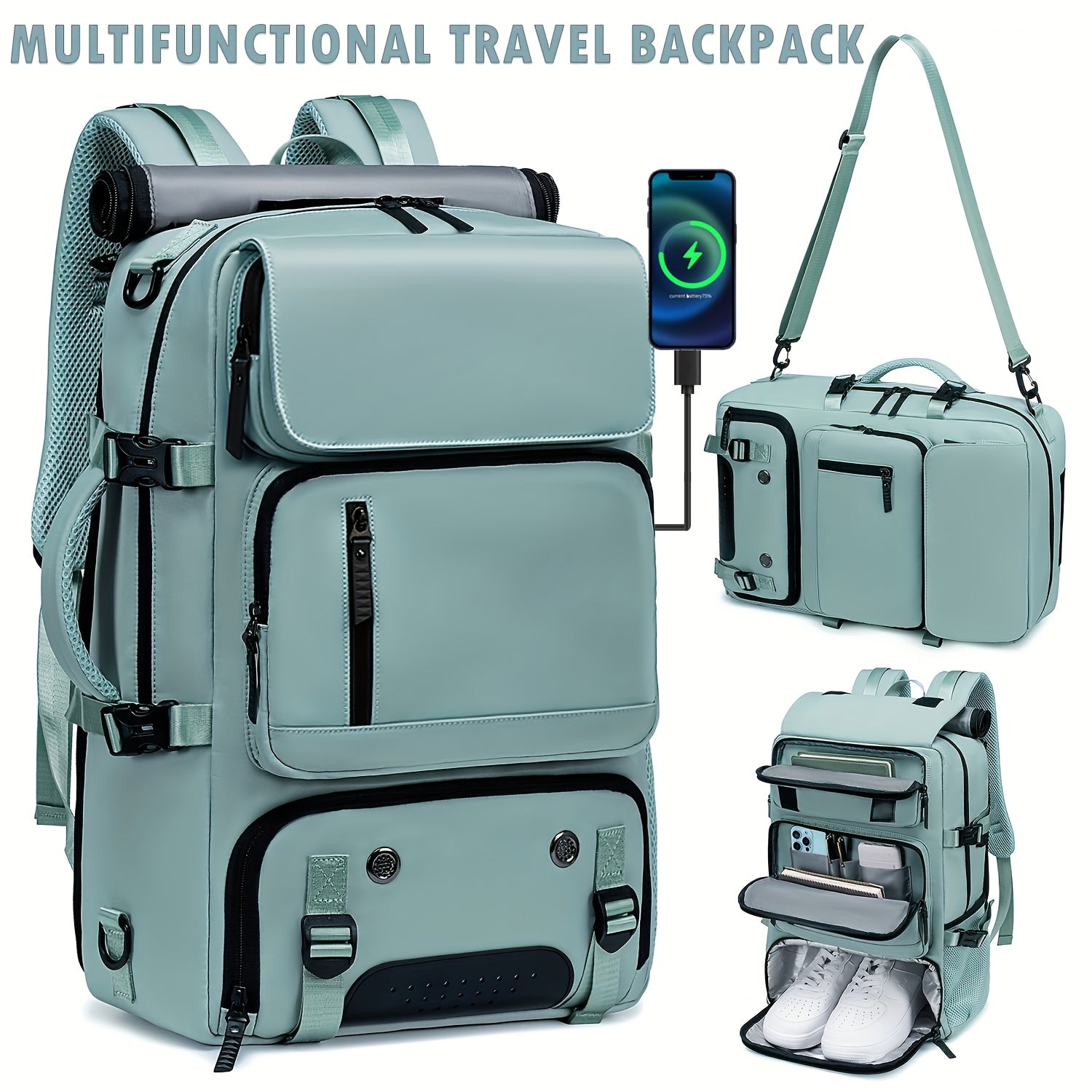 Mochila de hombro unisex de nylon con compartimento para zapatos y carga USB para viajes y desplazamientos