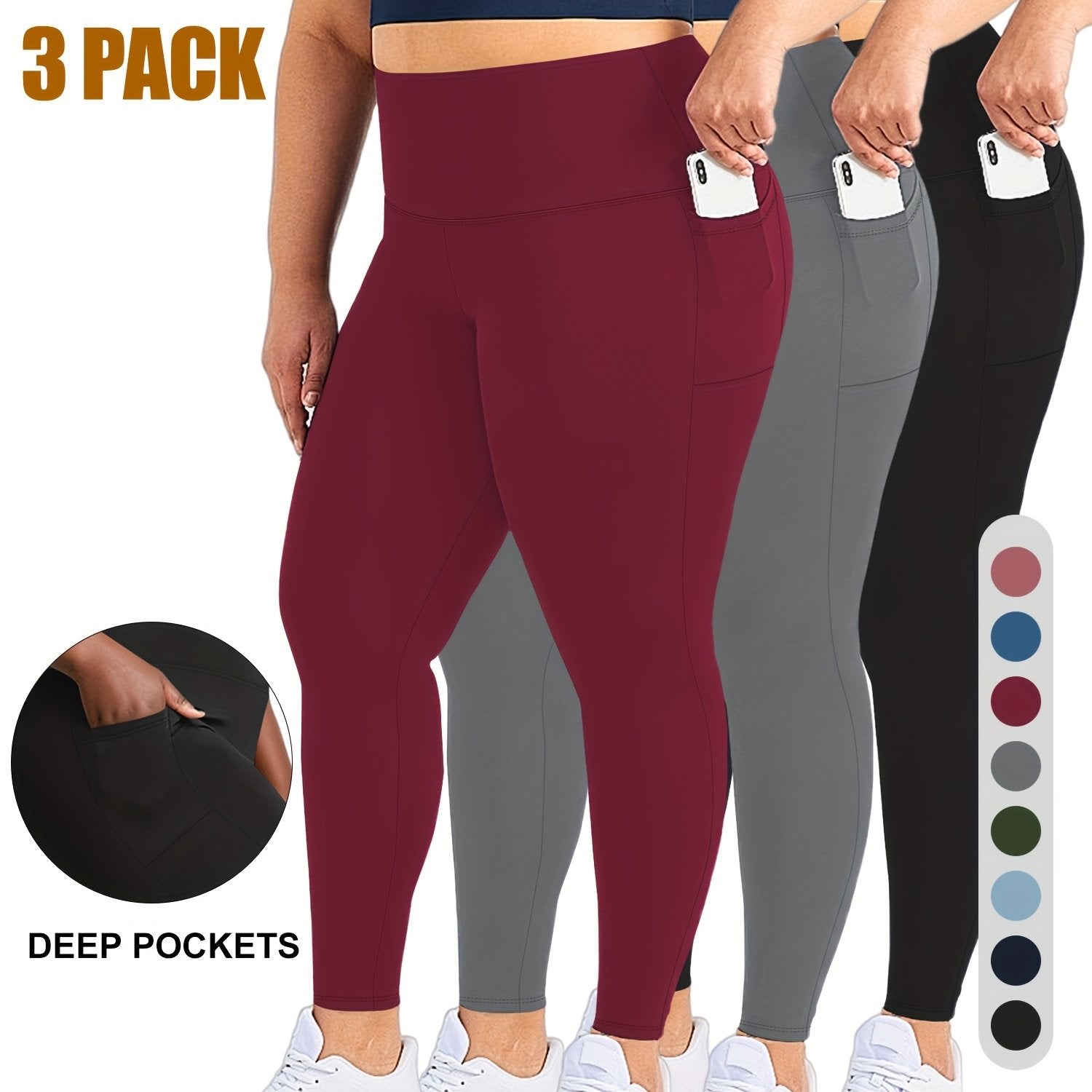 Plus Size High Waist Capri Leggings for Women 3 Pack, Stretchy Knit