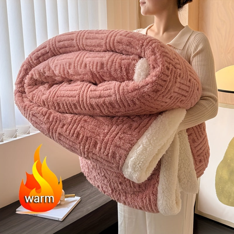 Одна современная двусторонняя вельветовая одеяло с геометрическим узором жаккард. Этот мягкий и теплый плед из шерпы идеально подходит для использования на диване, кровати или для кемпинга на открытом воздухе. Он отлично подходит для любого времени года.