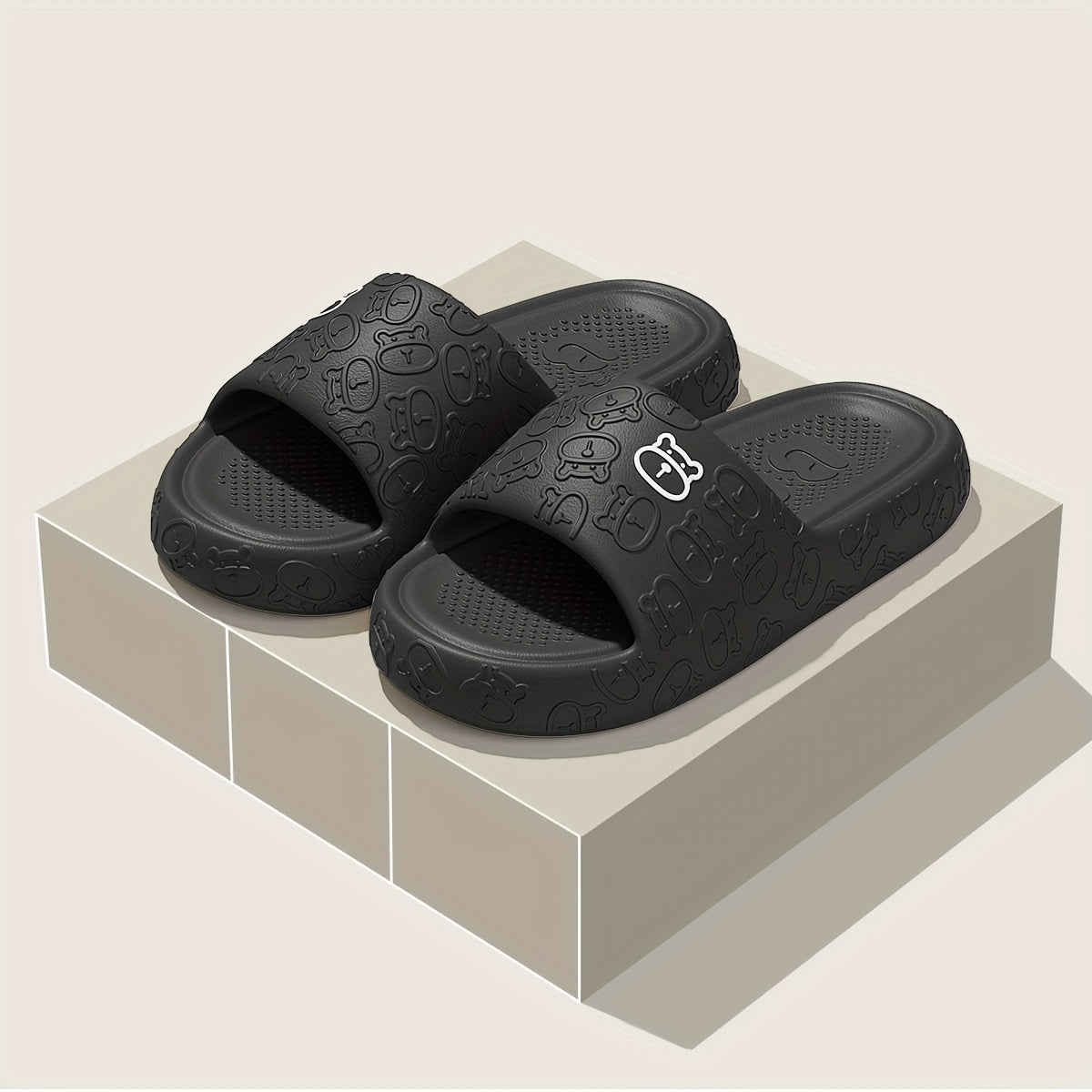 Unisex Cartoon Bear Print Slip-On Indoor Outdoor House Shoes Black Pink Size 48 49