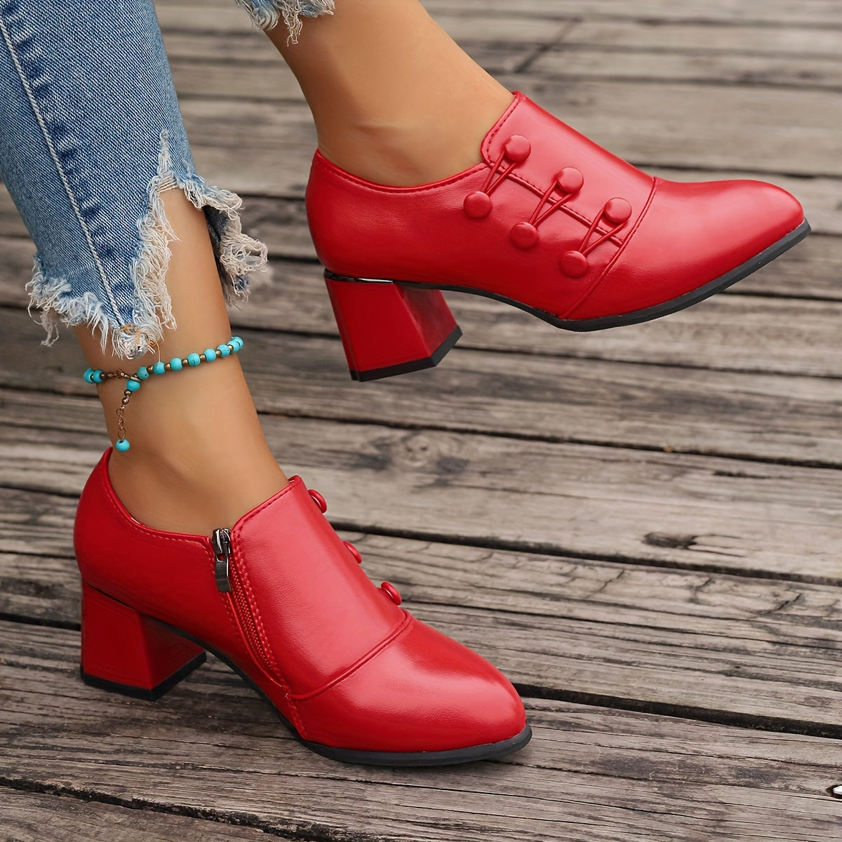 Women's Solid Color Block Heel Pumps with Side Zipper and Slip-On Design