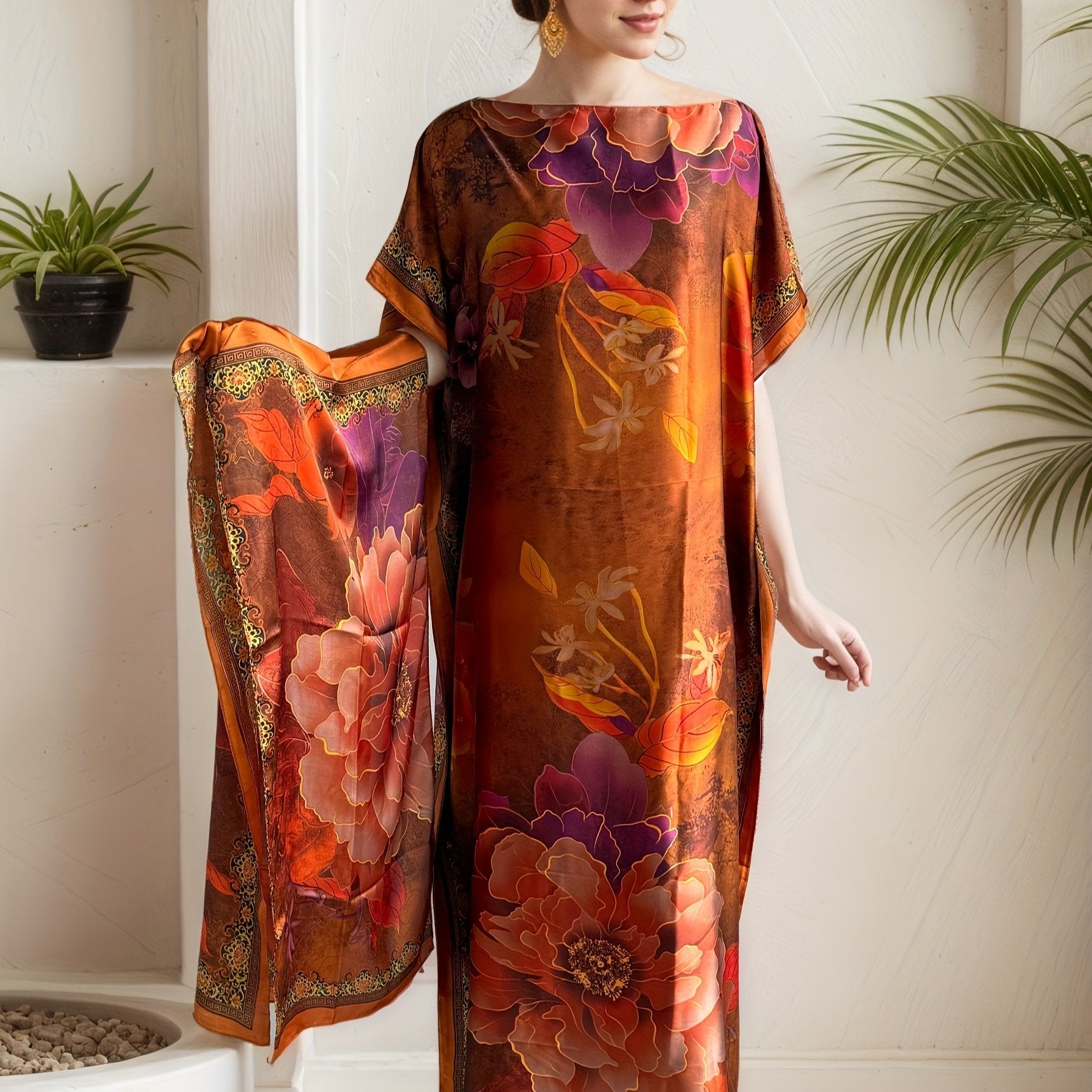 Plus Size Women's Turkish Kaftan Dress with Scarf Vibrant Orange-Red Maxi