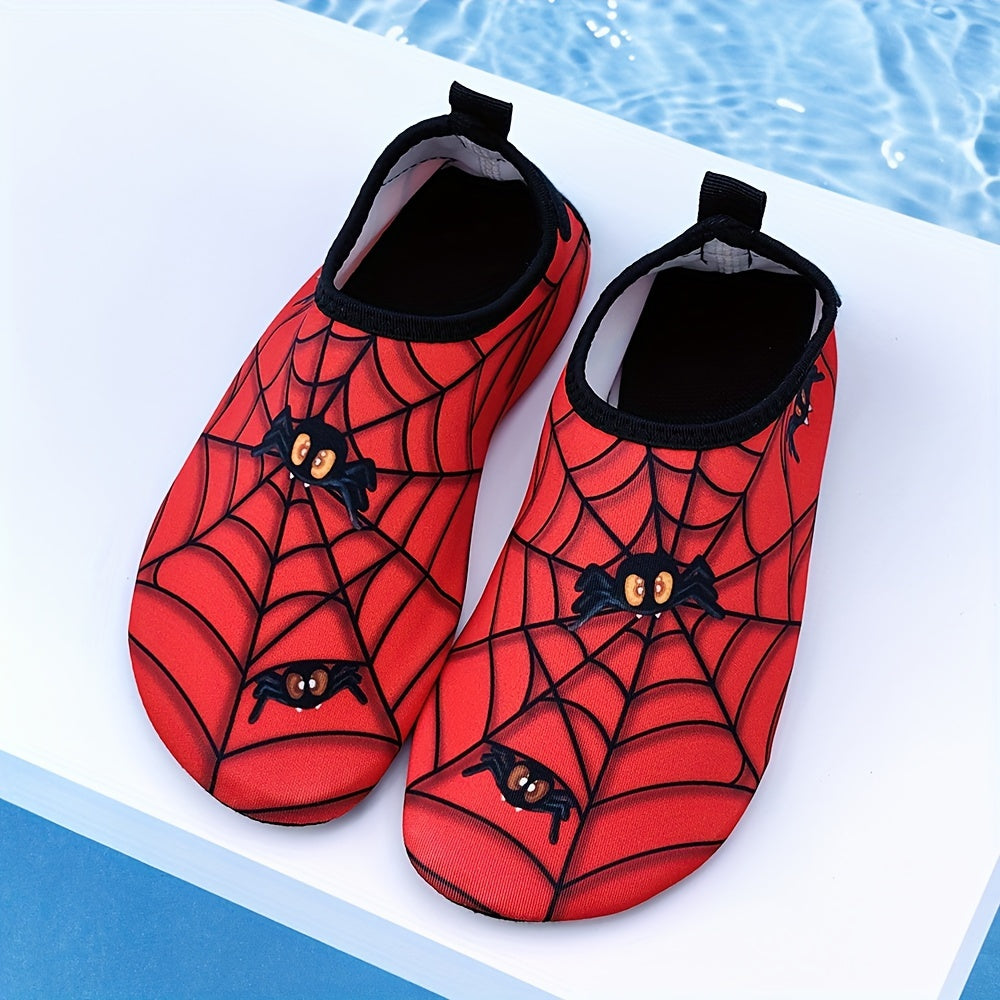 Kids Boys Girls Red Lightweight Beach Shoes with Cartoon Spider Web Design for Water Activities