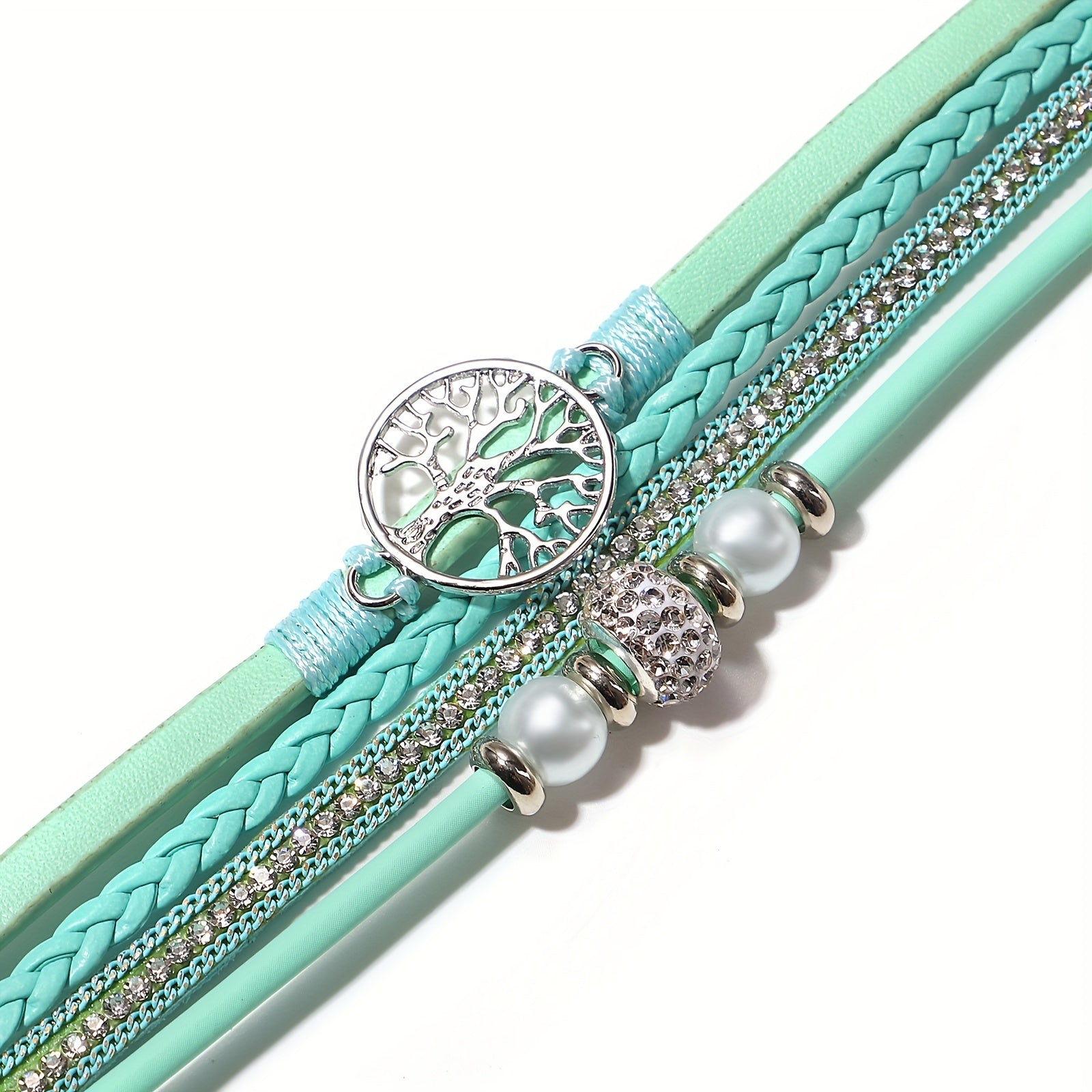 Multi-Layer Faux Leather Wristband with Tree of Life Charm and Rhinestones