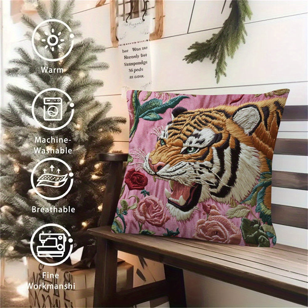 Подушка с вышивкой «Тигр и розы» с двусторонним полиэстеровым чехлом, идеальный праздничный декор для дома на День благодарения и Рождество, совместима с различными стилями - Артикул HJY647