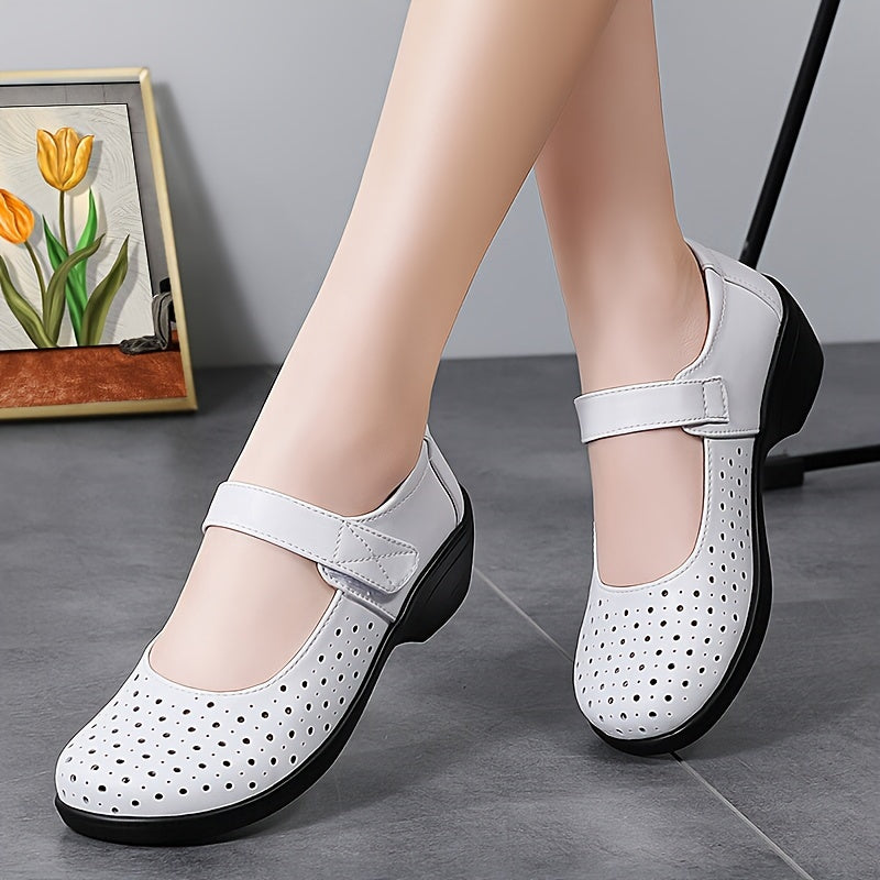 Women's Breathable Wedge Sandals White Perforated Mary Jane Comfort Shoes