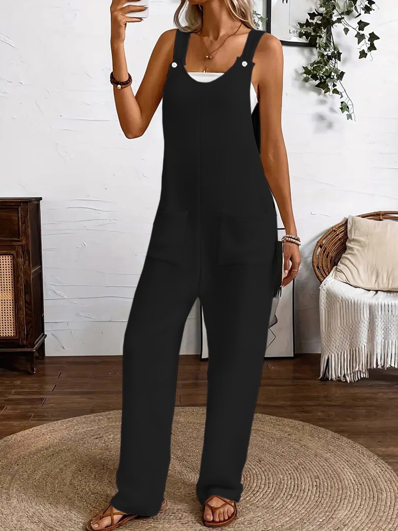 Women's Sleeveless Jumpsuit Solid Color Wide Leg Pockets Plus Size