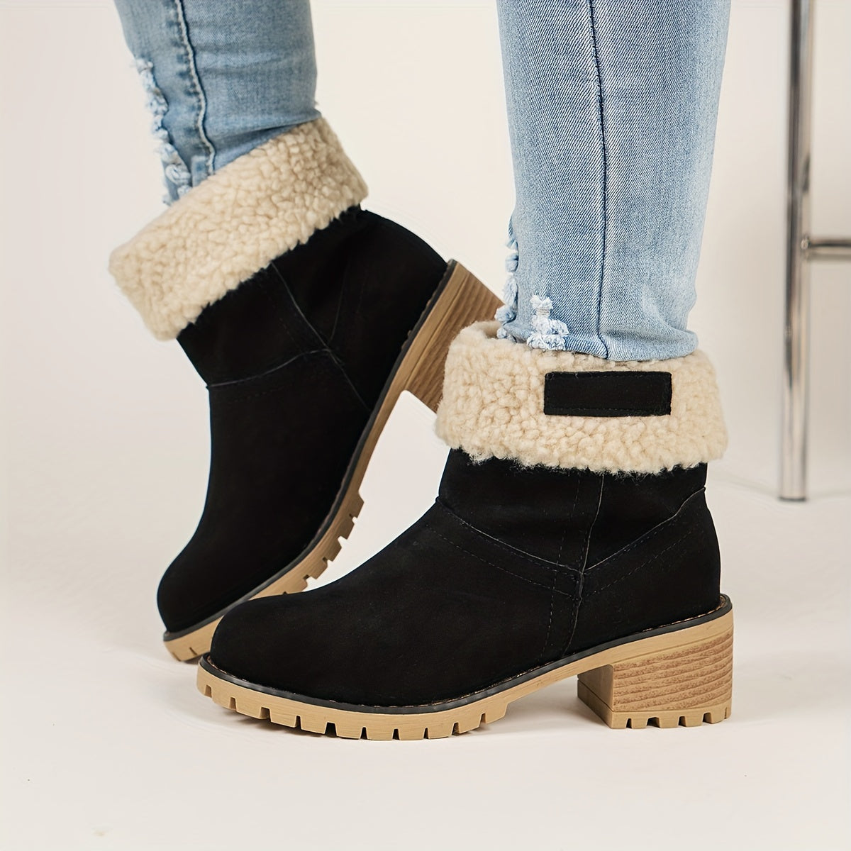 Women's Fleece-Lined Ankle Boots Winter Mid-Calf Thick Rubber Sole