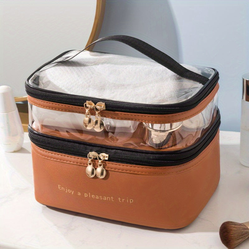 Women Waterproof Travel Makeup Bag with Double Layers and Large Capacity