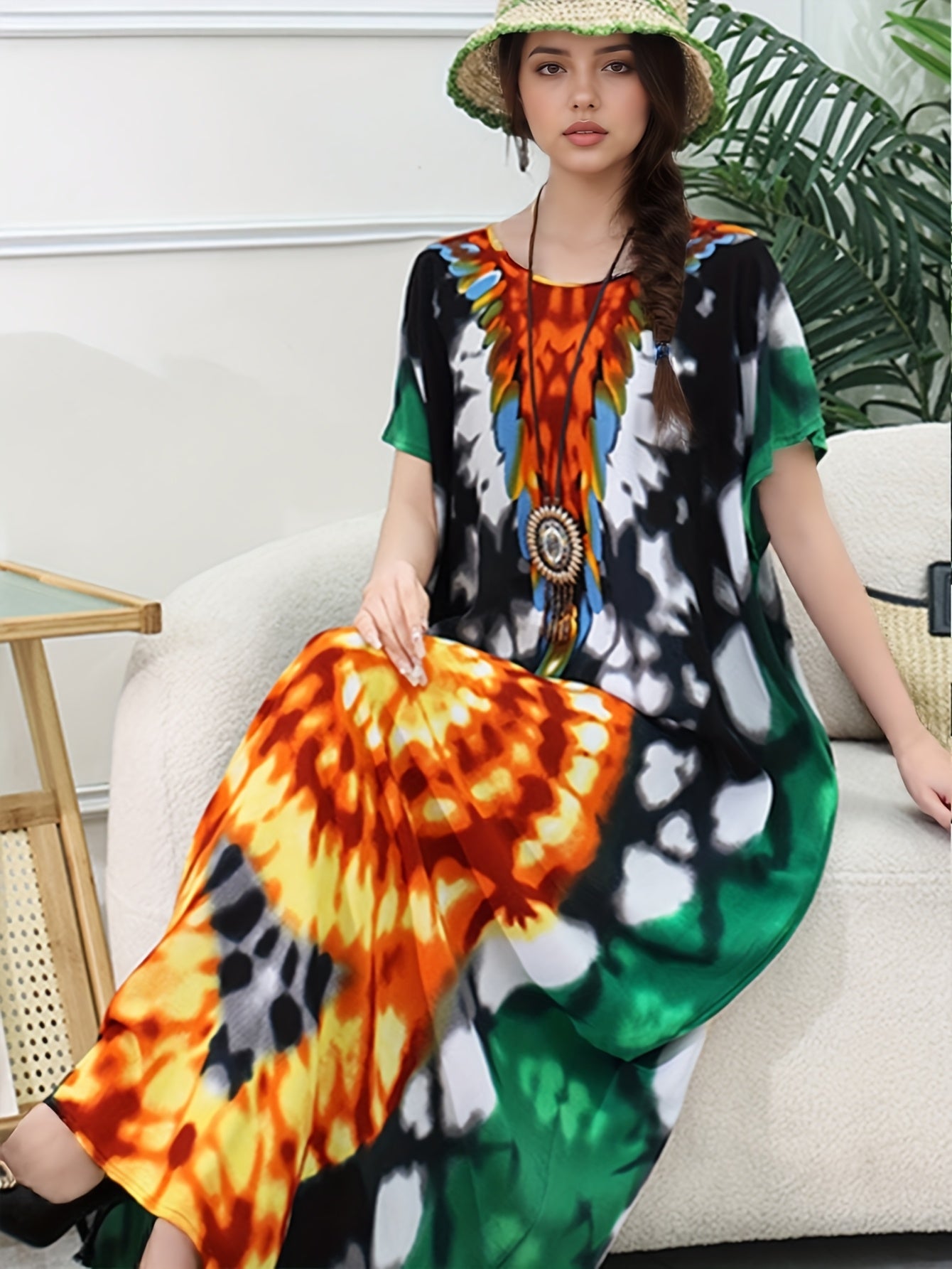 Plus Size Bohemian Printed Maxi Dress Beach Cover-Up Loose Fit Over Bikini