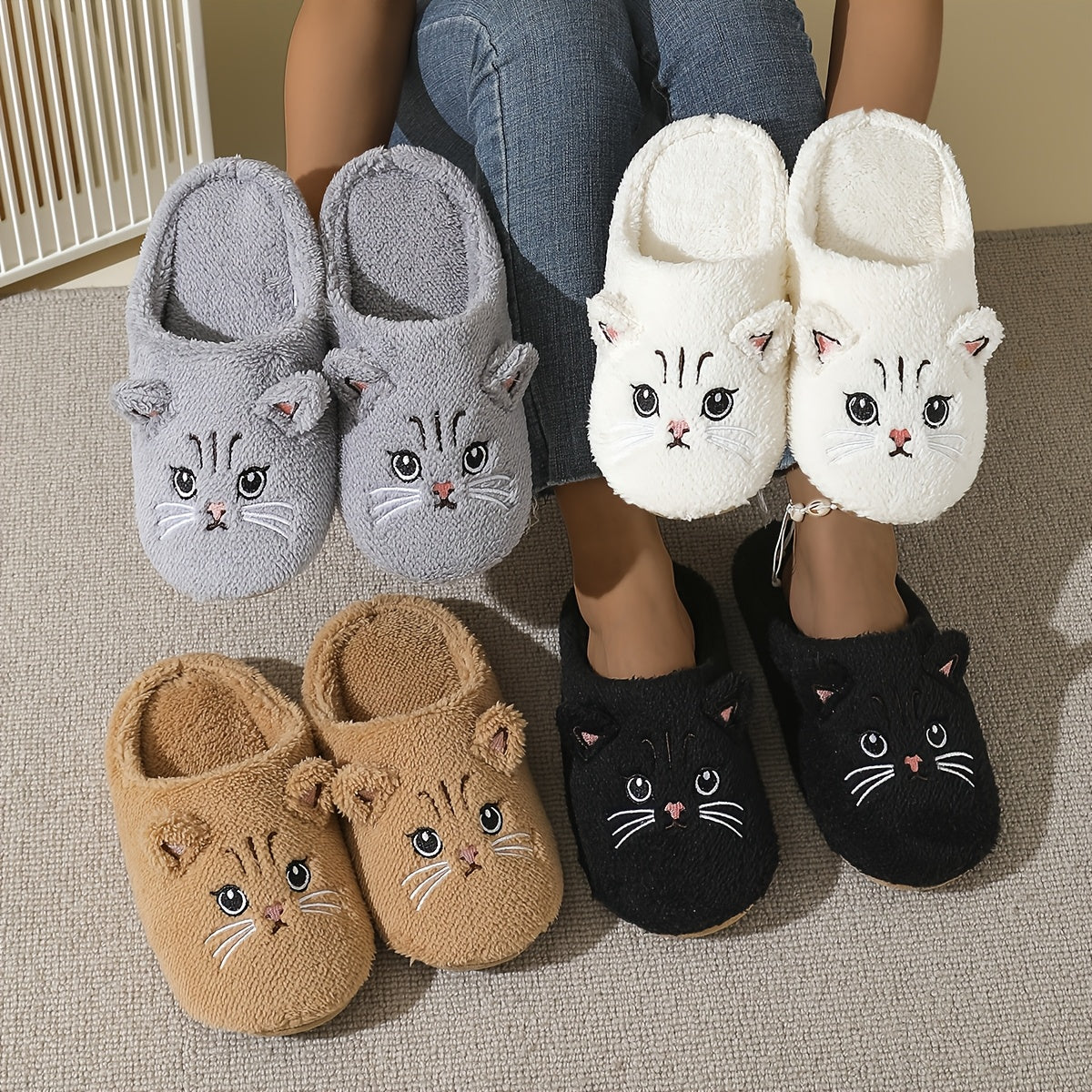 Women's Plush Cartoon Cat Slippers Soft Indoor Warm Comfortable Shoes