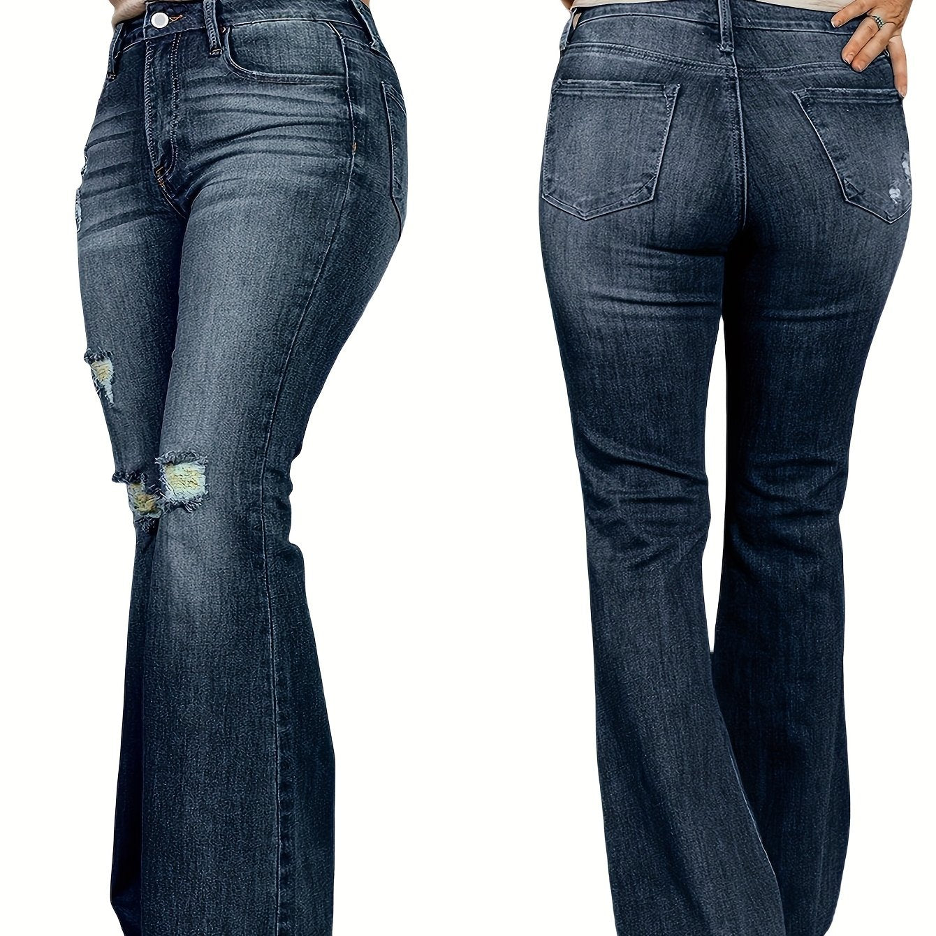 Women's Mid-Rise Stretch Denim Flare Jeans Blue Wash Frayed Bell Bottoms