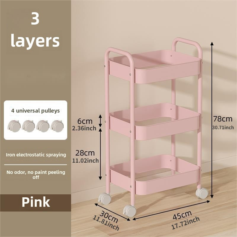 Pink Metal 3-Tier Storage Cart on Wheels for Kitchen and Living Room