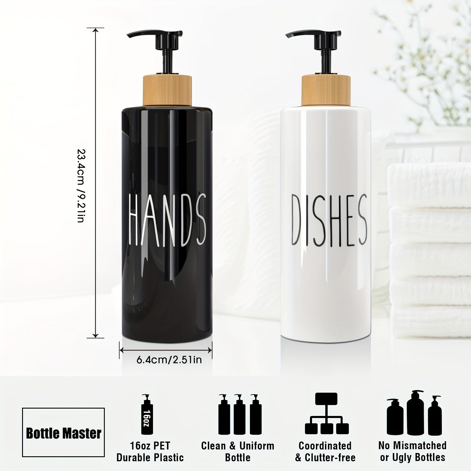 Set of 2 Refillable Soap Dispensers with 16.91oz PET Plastic Bottles and Wooden Tray