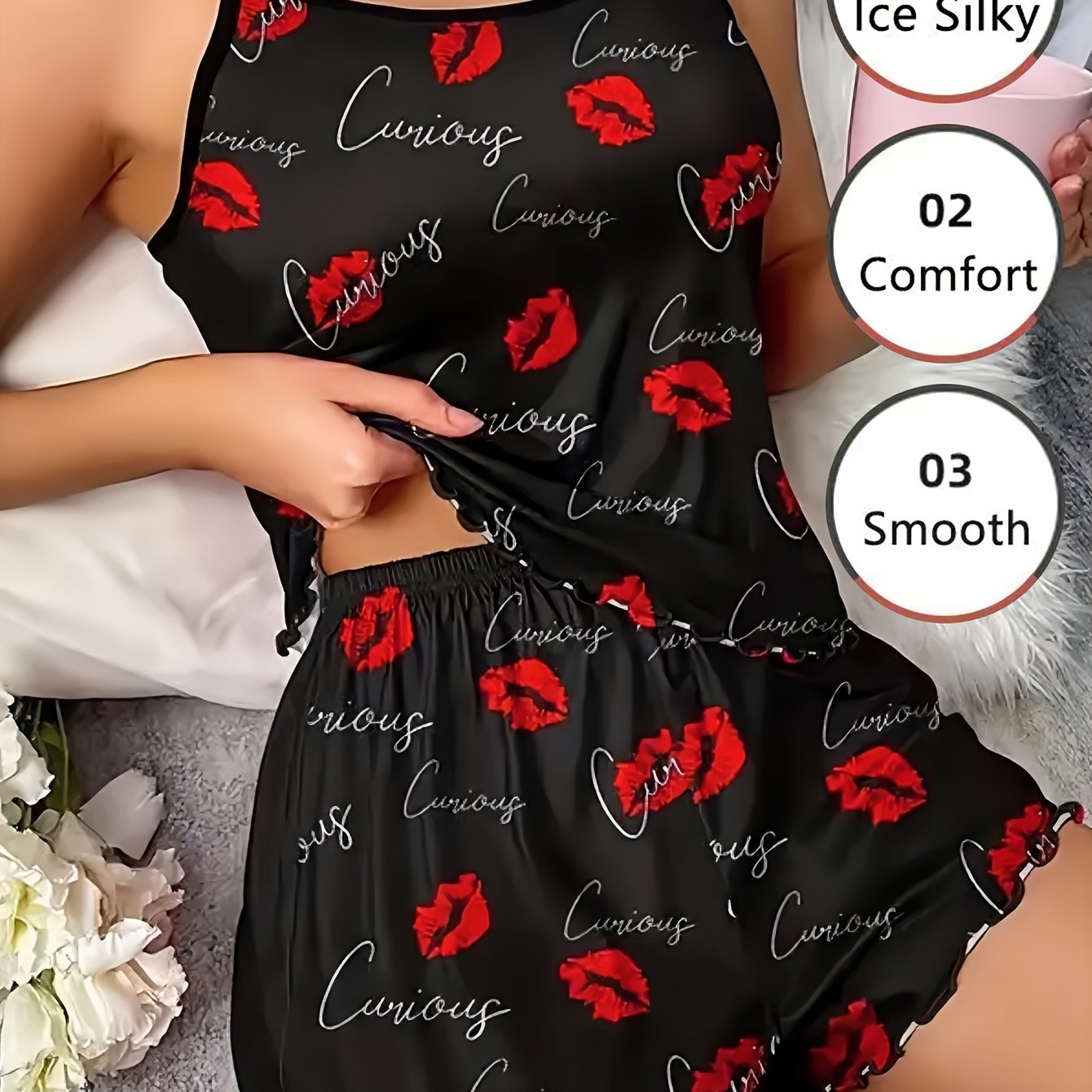 Women's Valentine's Day Pajama Set with Red Lip and Letter Print Crop Cami Top and Shorts