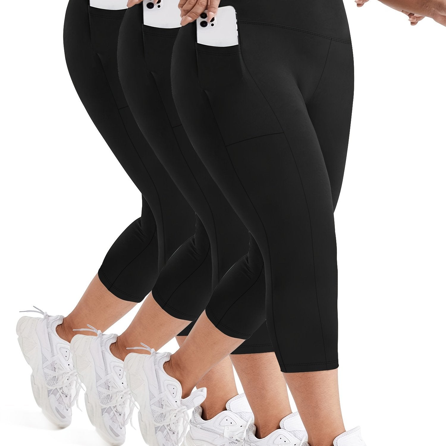 Plus Size Women Capri Leggings 3 Pack Tummy Control High Waist Pockets