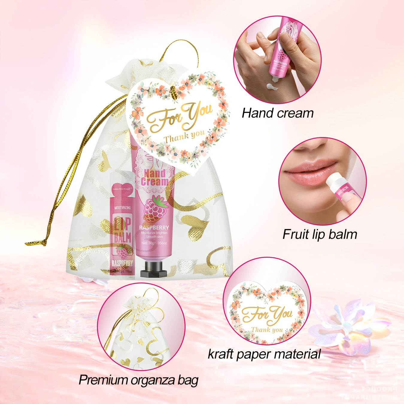 12-Piece Hand Cream and Lip Balm Gift Set with Hyaluronic Acid Glycerin Floral Scented in Heart-Shaped Pouches for Weddings and Events