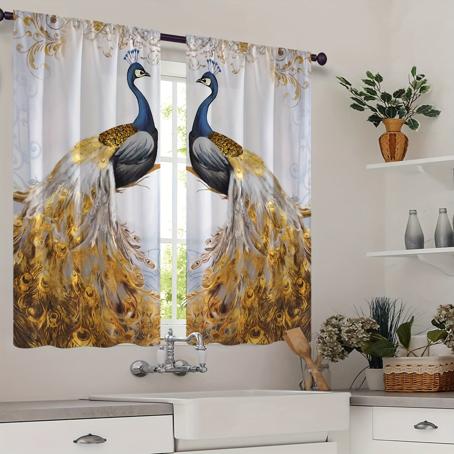 Cortinas con estampado de pavo real de plumas doradas, 2 piezas, decoración elegante para el hogar, cortinas para ventanas