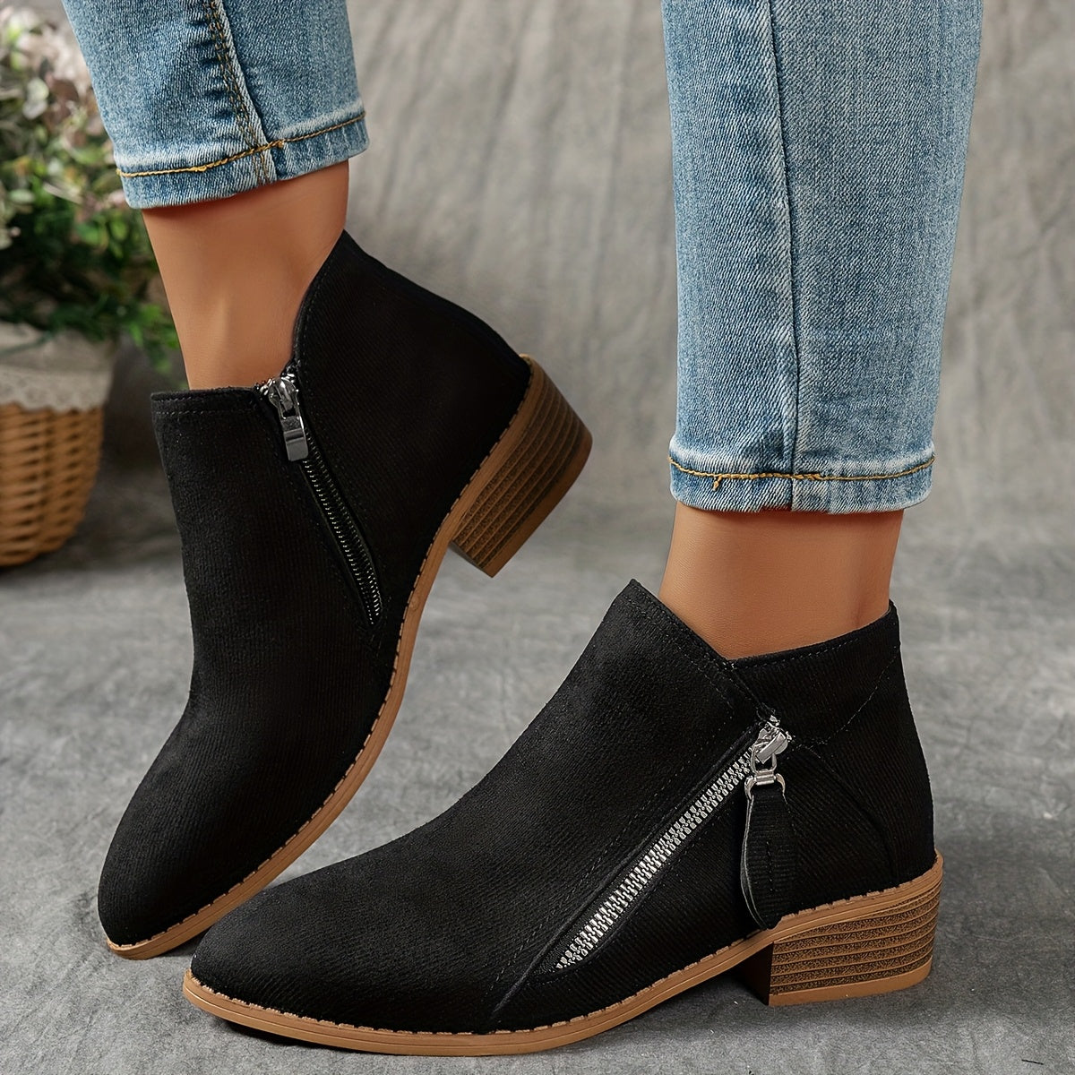 Women's Velvet Chunky Heel Ankle Boots with Slip-On Zipper and Non-Slip Sole
