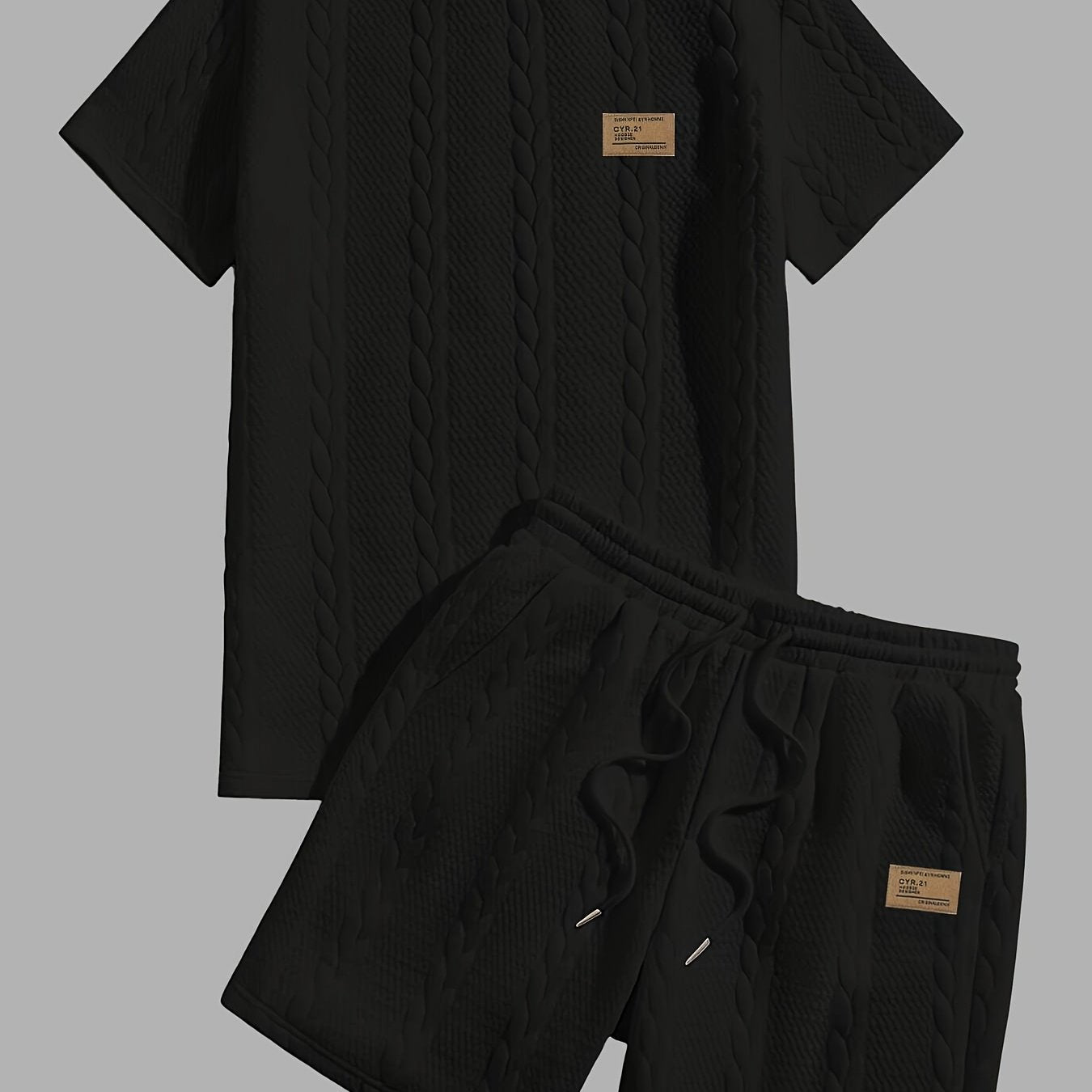 Men's Short Sleeve Solid Color Casual Set with Wheat Pattern and Drawstring Shorts