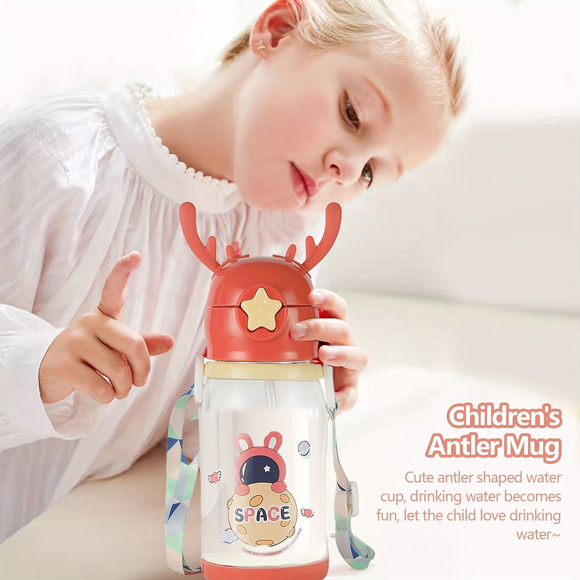 Kids Water Bottle 600ml Antler-Shaped with Straw Sturdy Eco-Friendly for Boys Girls