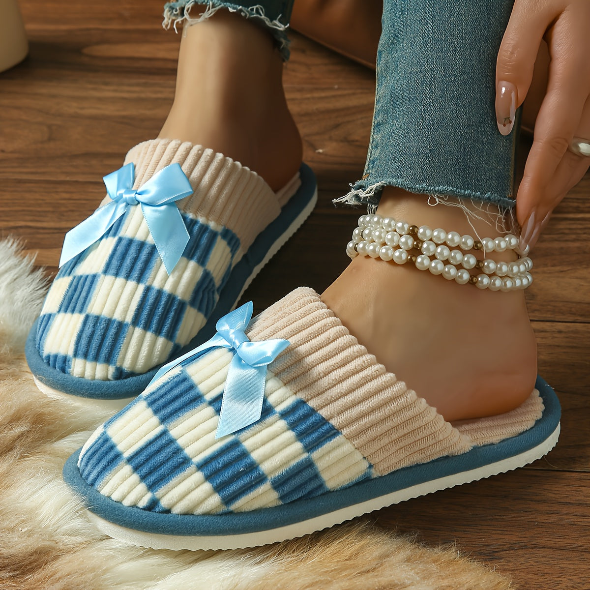 Unisex Checkered Knit Slip-On Slippers with Bow Indoor Comfort