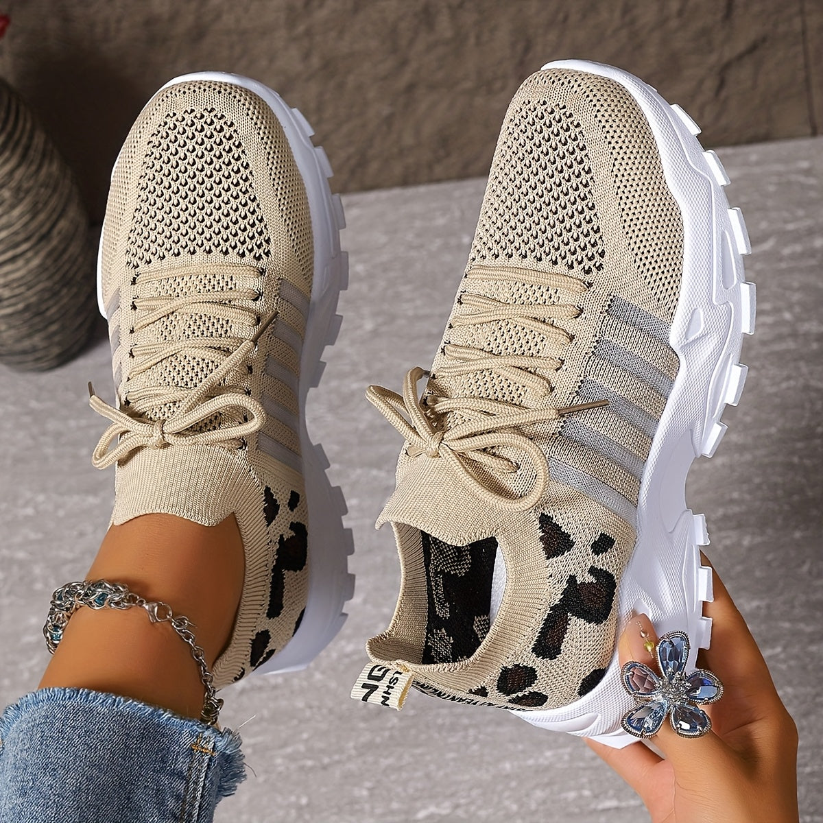 Plus Size Women's Leopard Print Breathable Mesh Sneakers for Walking and Casual Wear