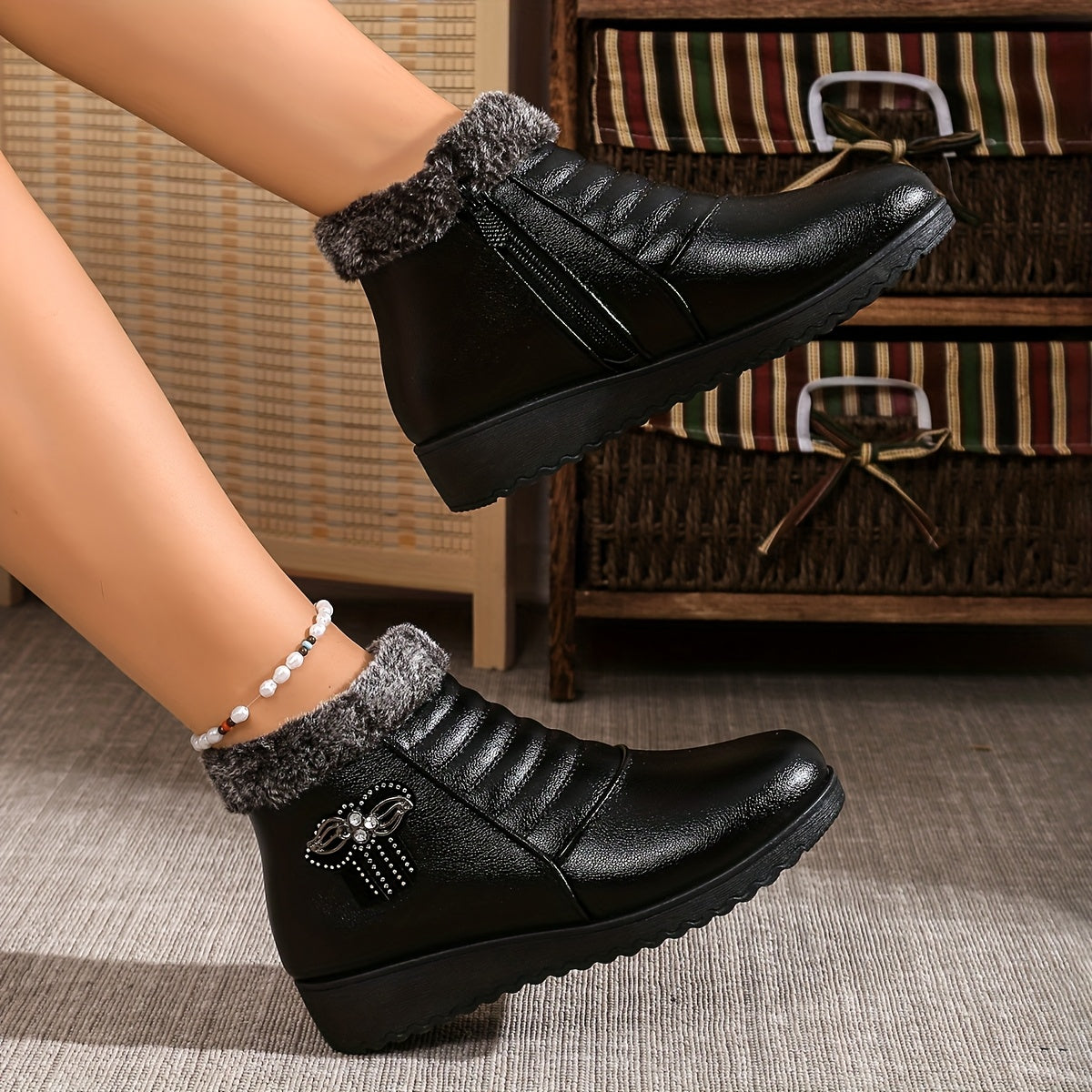 Women's Winter Ankle Boots Snow Shoes Non-Slip Rubber Black Red