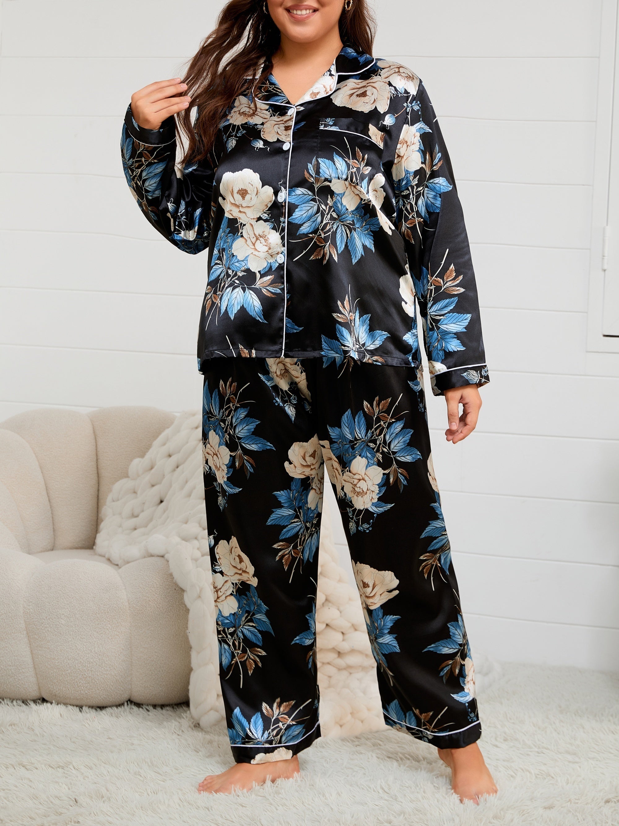Conjunto de pijama de cárdigan largo floral colorido para mujer en talla grande