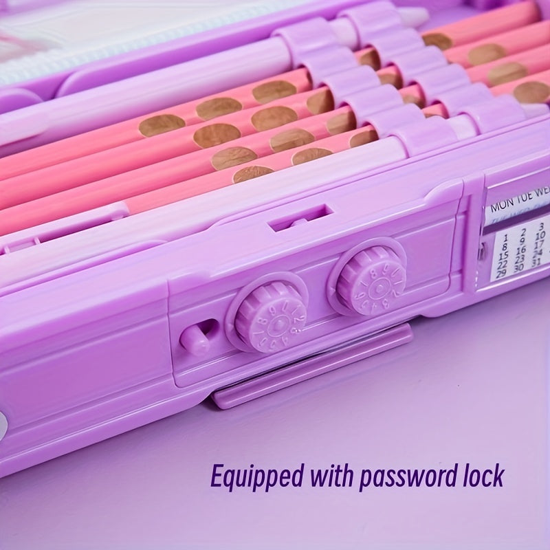 Purple Pencil Case with Password Lock, Colorful Compartments, Portable Stationery Organizer for Girls