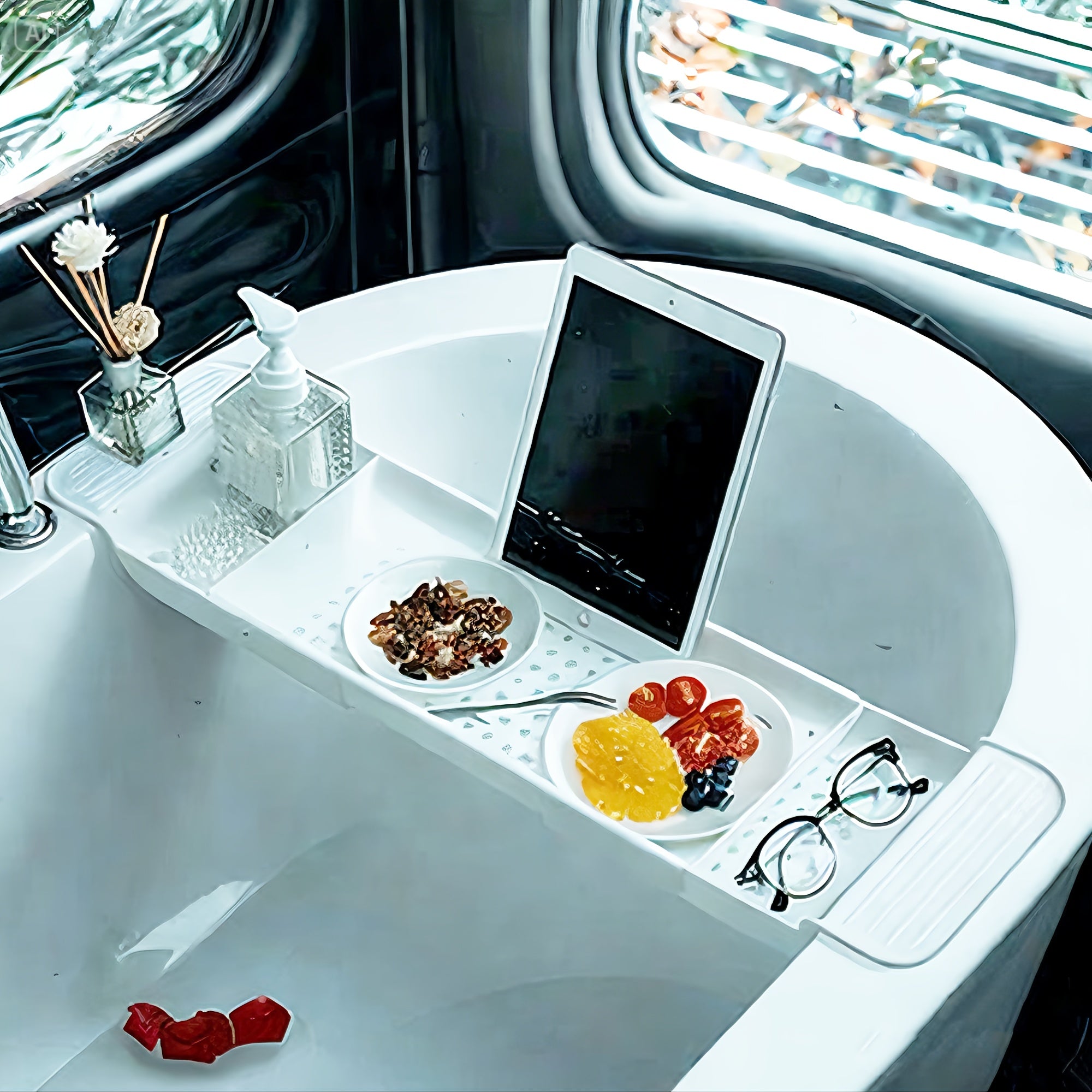 Expandable Plastic Bathroom Tub Tray with Towel Rack and Bookshelf