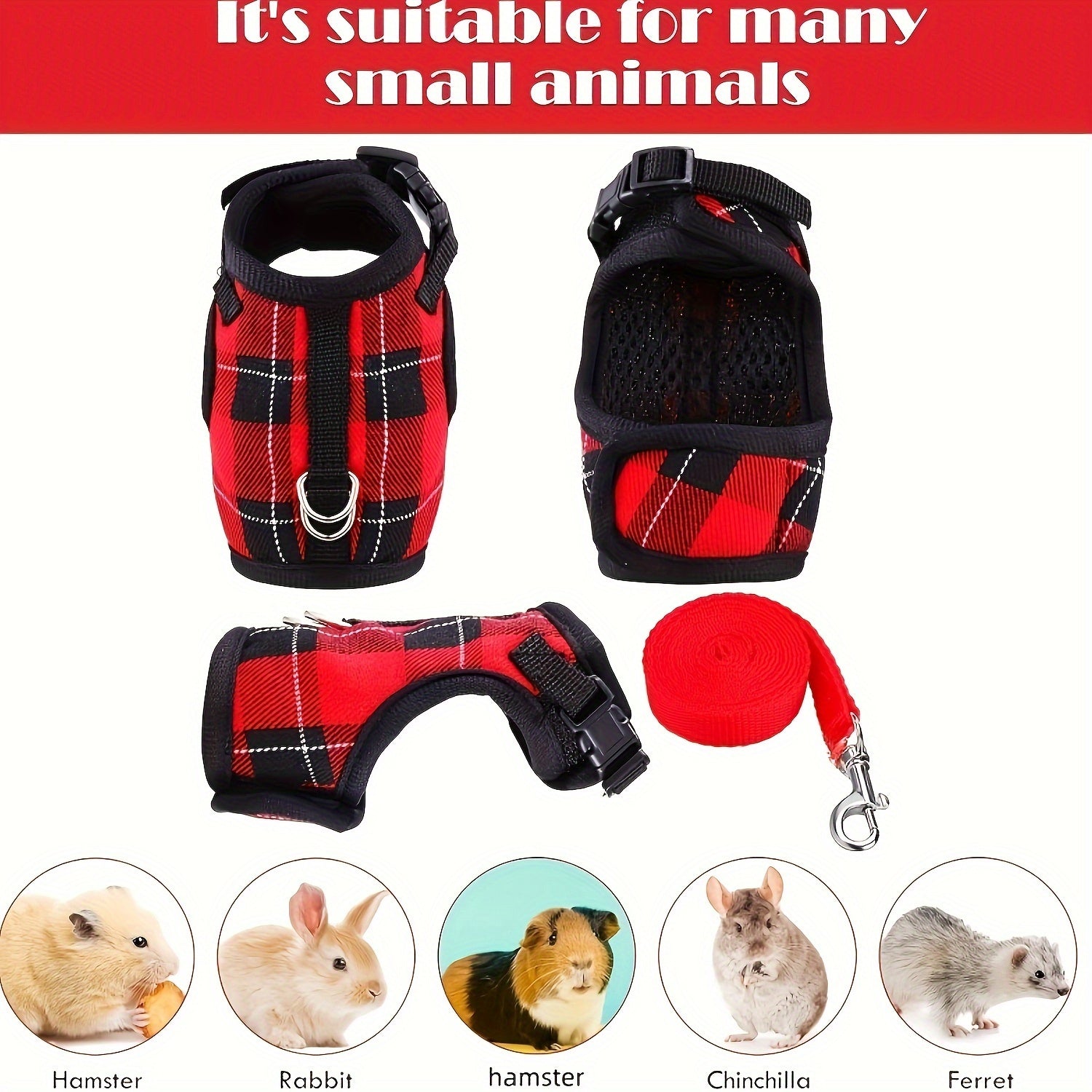 Checkered Blue and Red Hamster Harness and Leash Set with Bell Adjustable Breathable