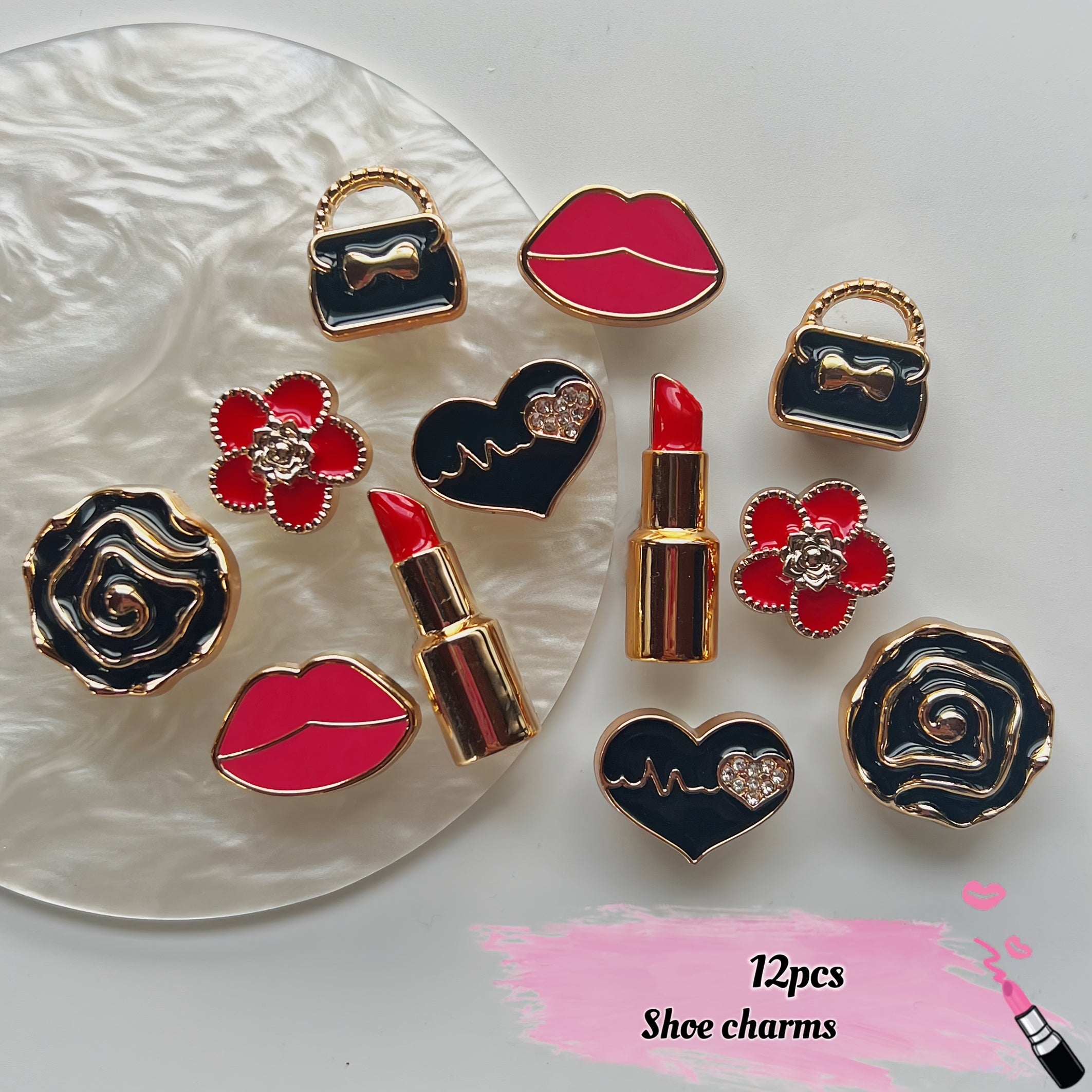 12Pcs Red Lipstick Shoe Charms Removable Plastic Accessories for Sandals and Bags