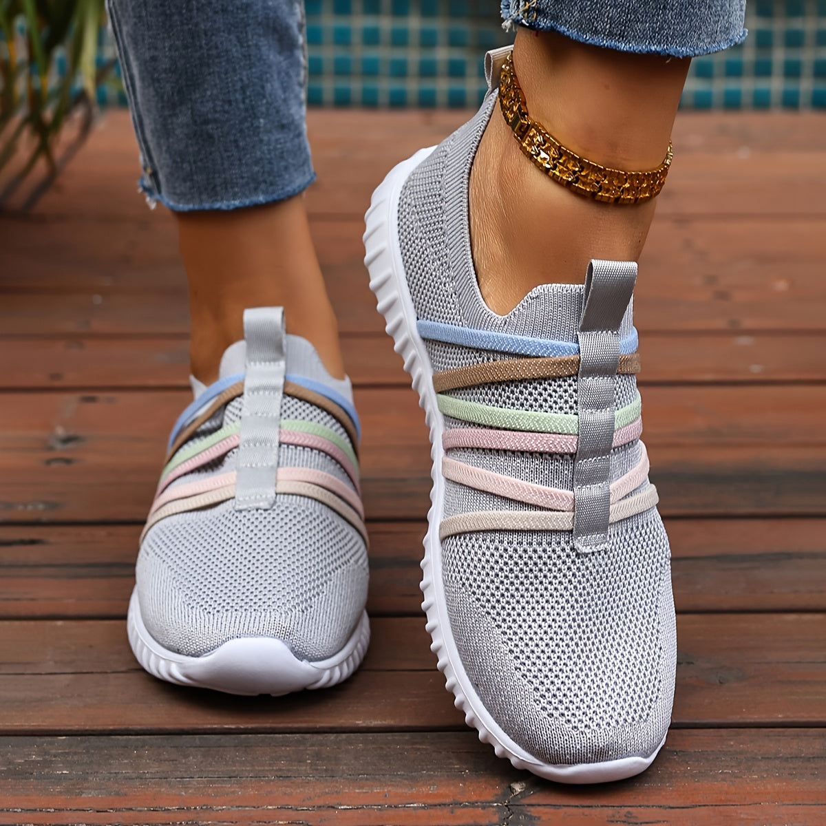 Women's Slip-On Casual Sneakers Breathable Fabric Pastel Stripes