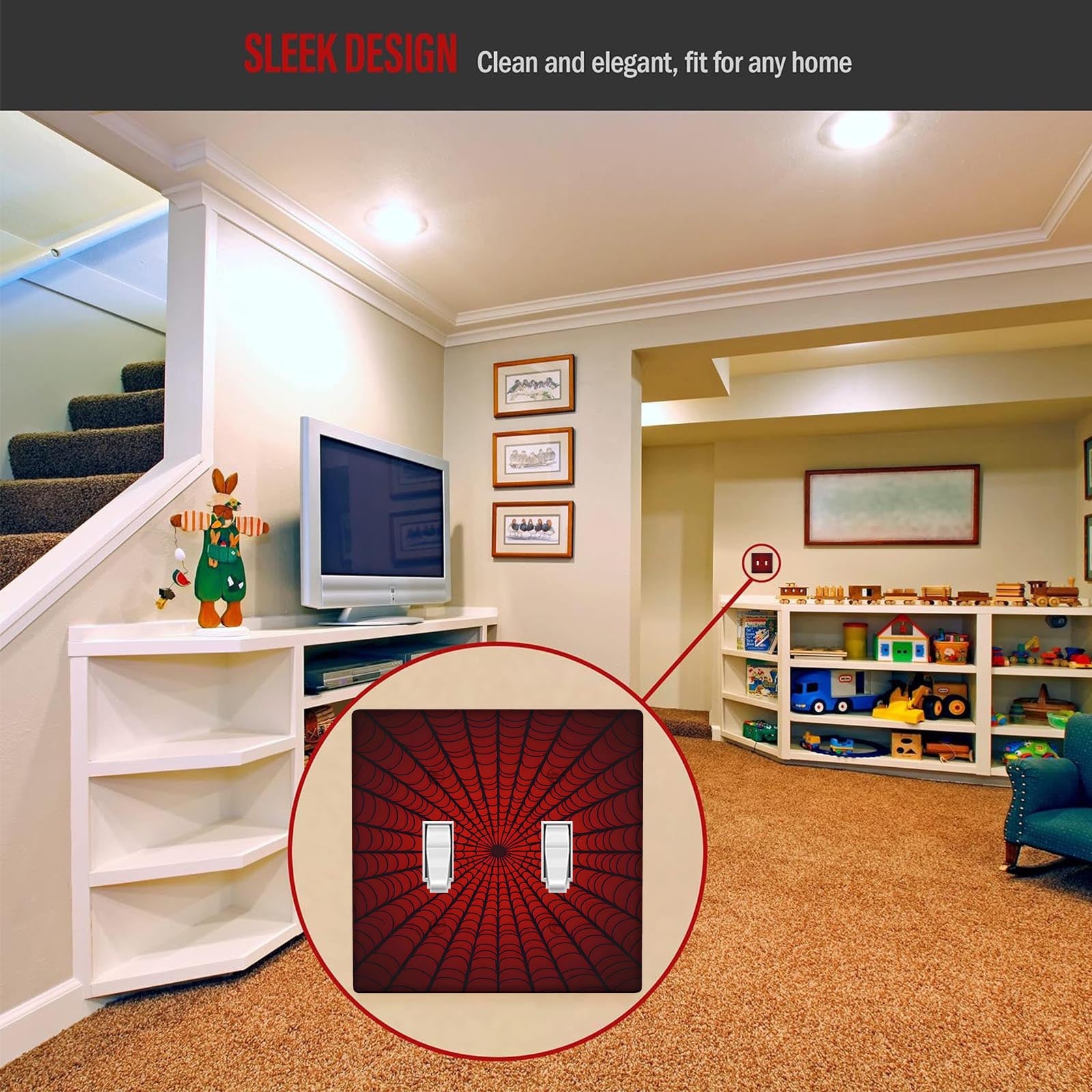 "O'rgimchak to'ri dizayni yengil, kalit qopqog'i uchun, simlar kerak emas, o'rnatish oson, qizil va qora ranglarda mavjud, hammom, yotoqxona, yashash xonasi bezatish uchun 1-gang yoki 2-gang o'lchamlarida."