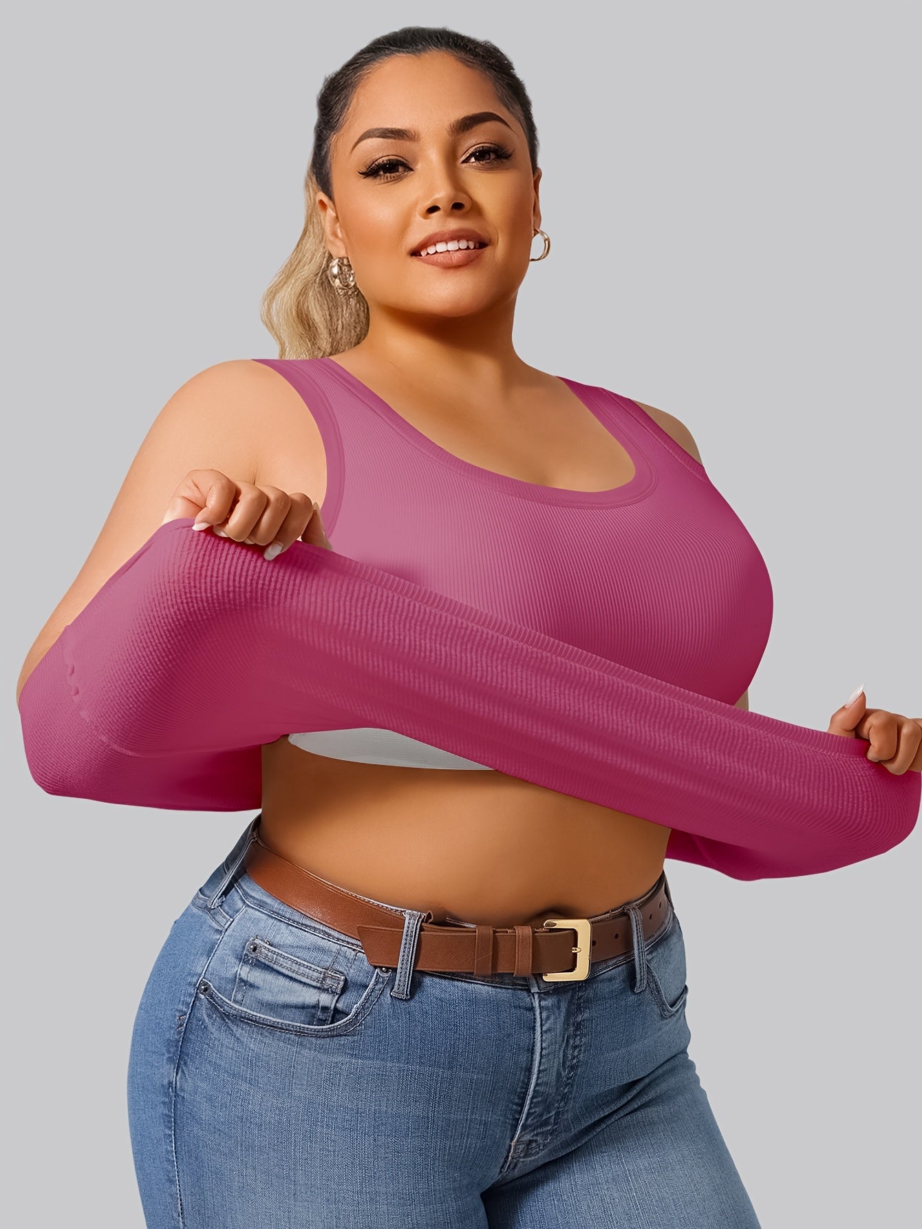 Женская майка с рифлёной тканью для полных женщин с встроенным бюстгальтером, без рукавов, с синими и белыми полосами