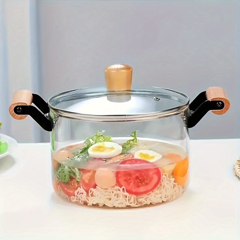 Olla de vidrio de borosilicato con asas duales, resistente a altas temperaturas, compatible con cocinas de vitrocerámica para salteados
