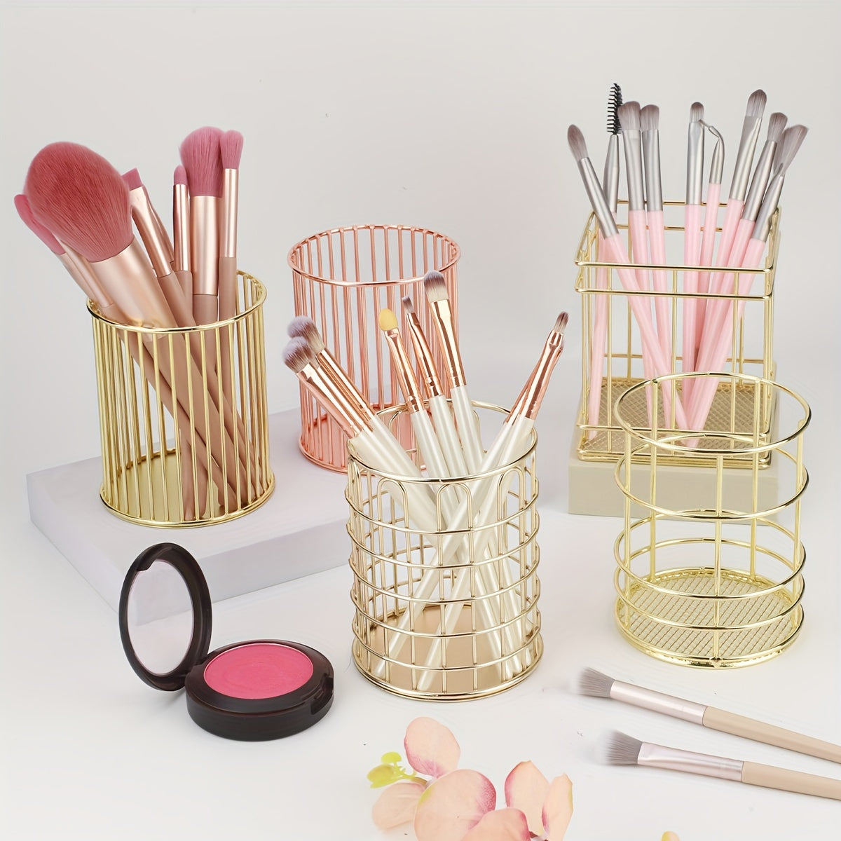 Golden Iron Makeup Brush Holder Rust Resistant Polished Finish Desktop Organizer