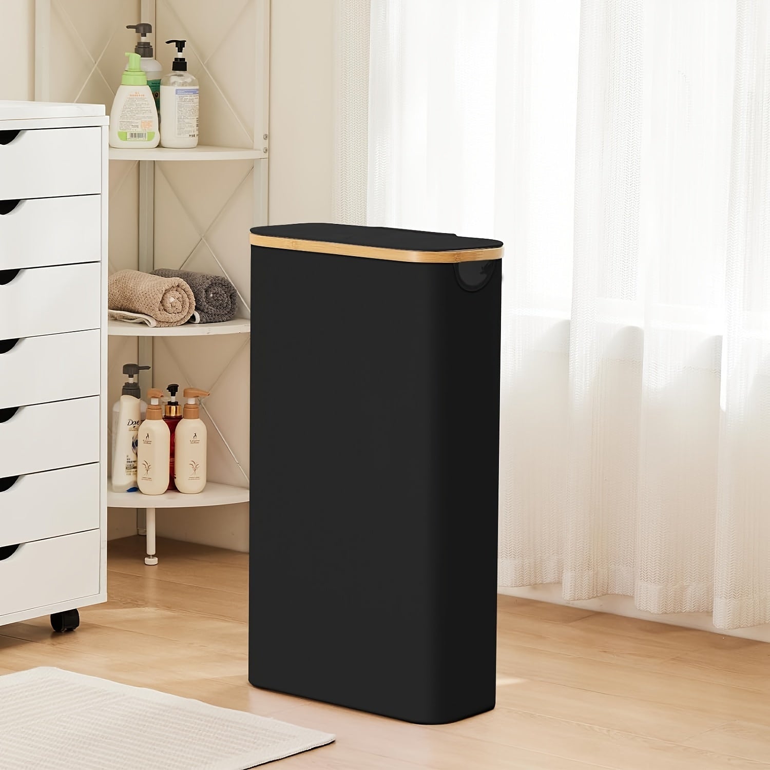 Cesta de ropa moderna de bambú con tapa y bolsa desmontable 60L, cesta rectangular plegable