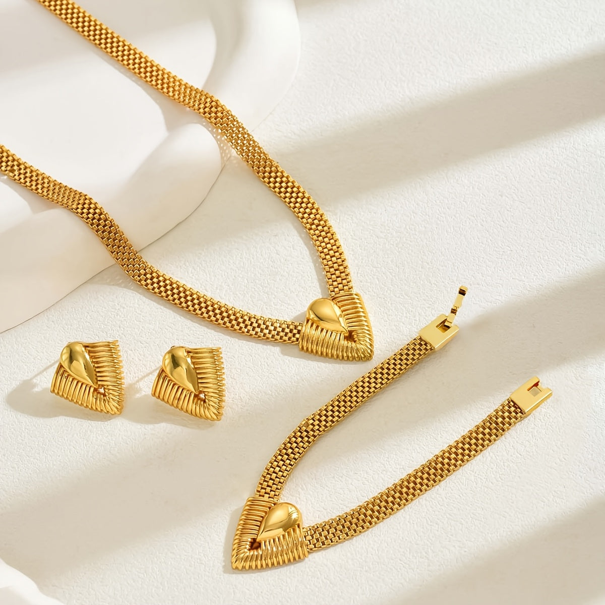 Vintage Tribal Style Geometric Jewelry Set with Necklace Bracelet Earrings 18K Gold Plated Copper