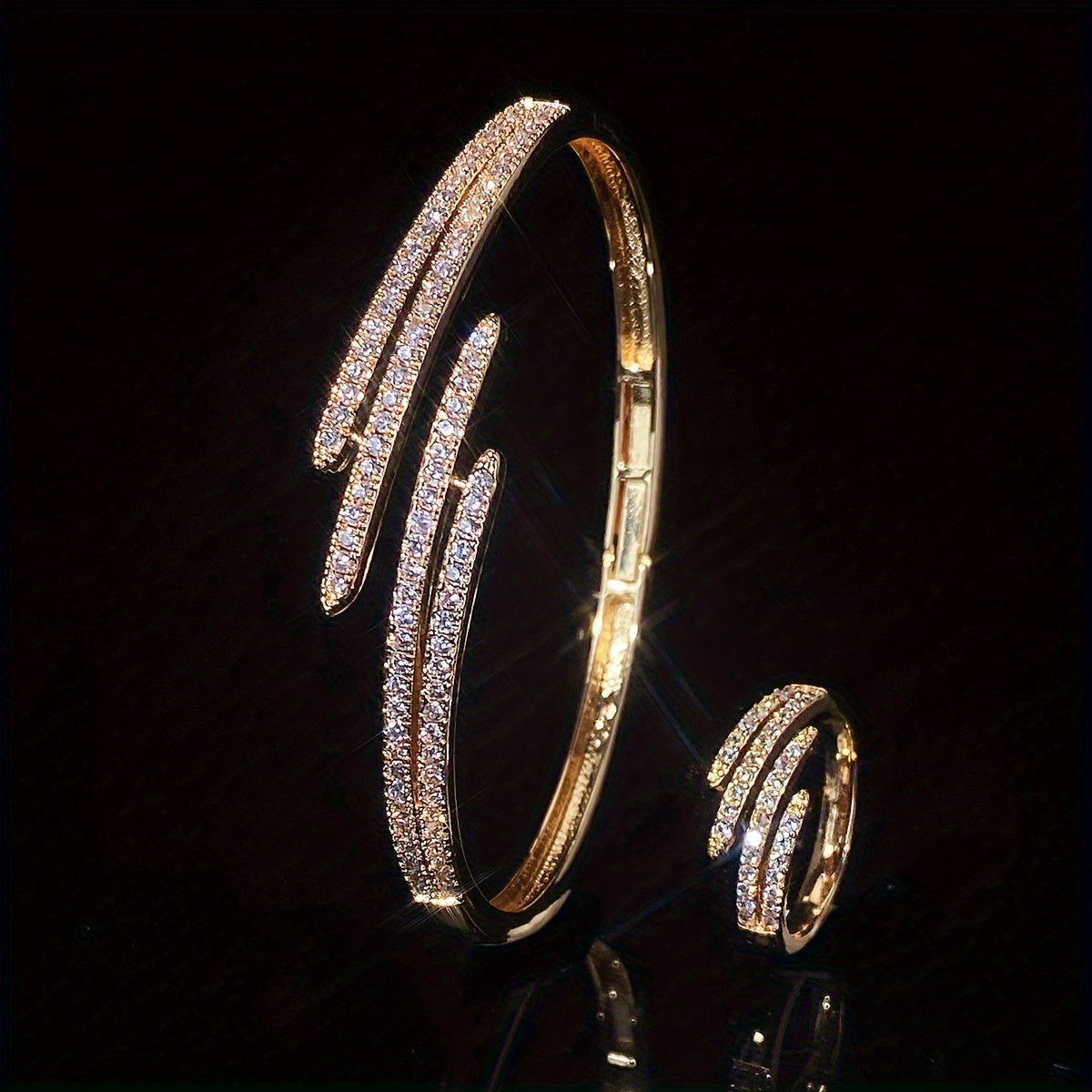 Women's Bracelet Ring Set with Hollow Double-Row Micro-Set Zirconia Claw Chain