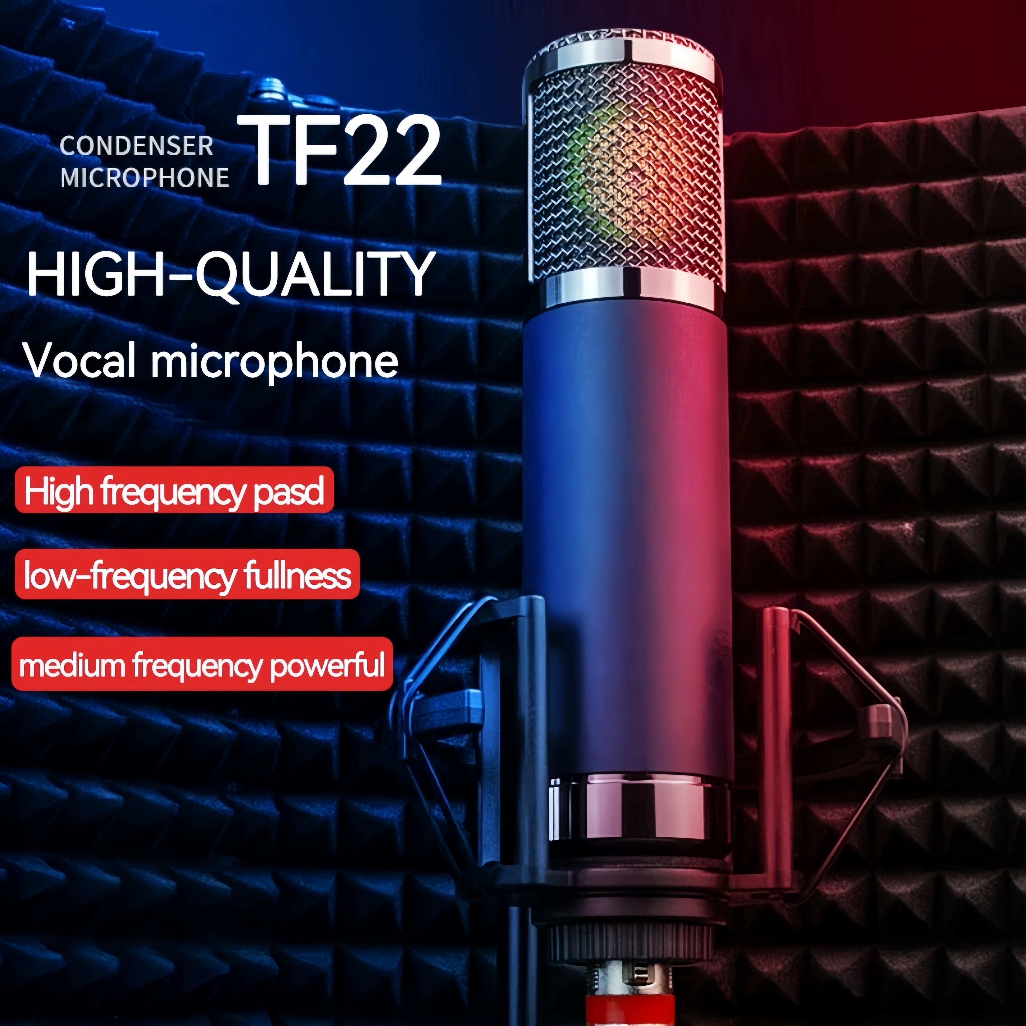 Большой диафрагменный XLR-микрофон для прямых трансляций, записи, пения, игр, видеоконференций, глубокий голубой