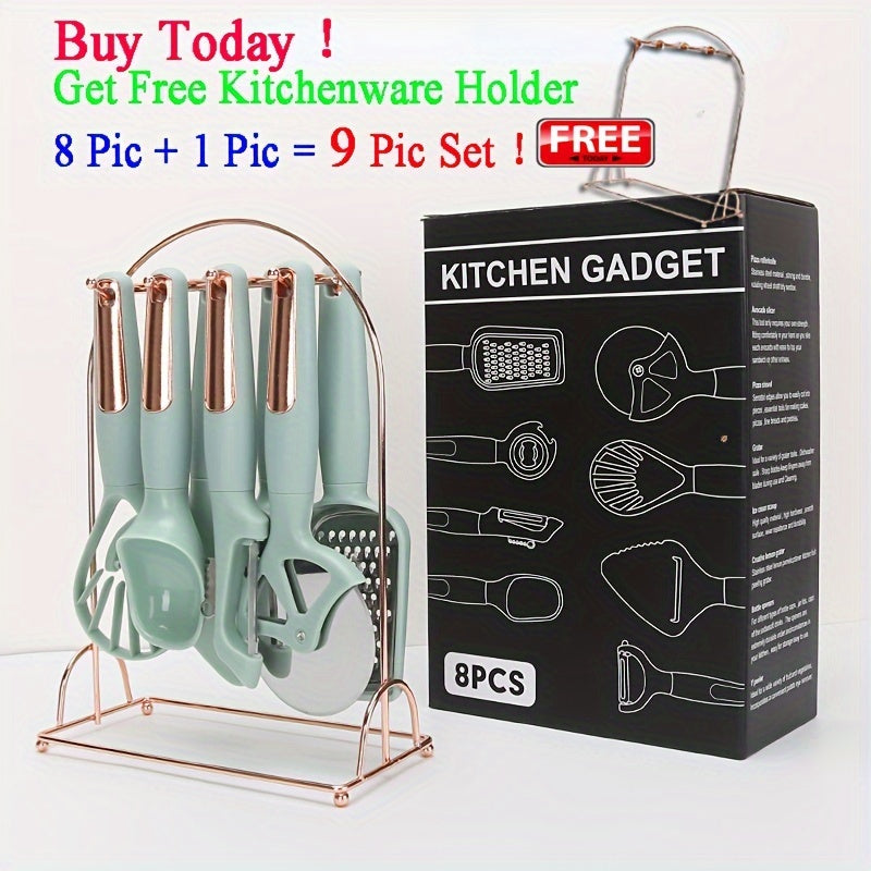 Kitchen Utensil Set with Holder 8-Piece Non-Stick Peeler Pizza Cutter Grater