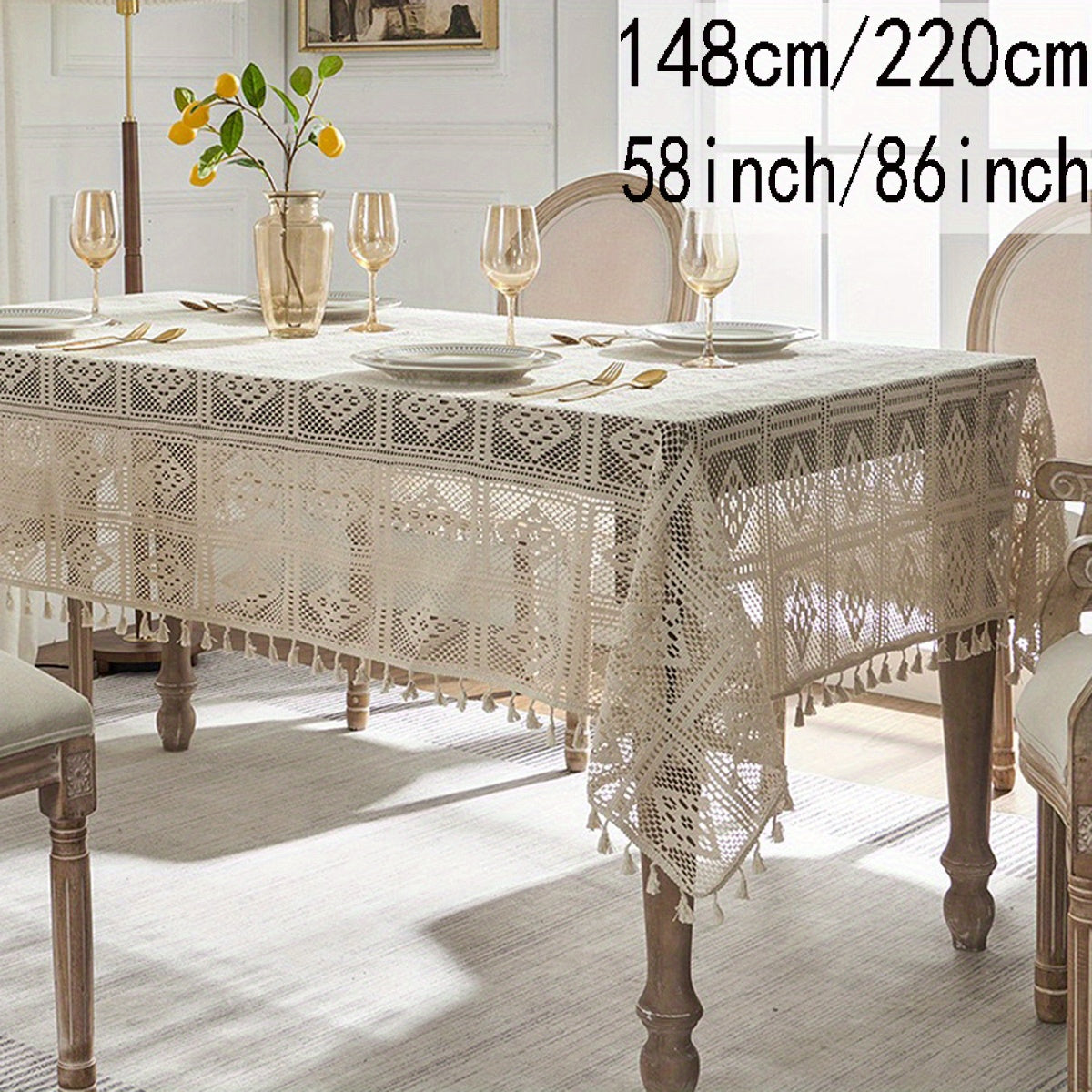 Beige Crochet Tablecloth with Tassels for Home and Party Table Settings